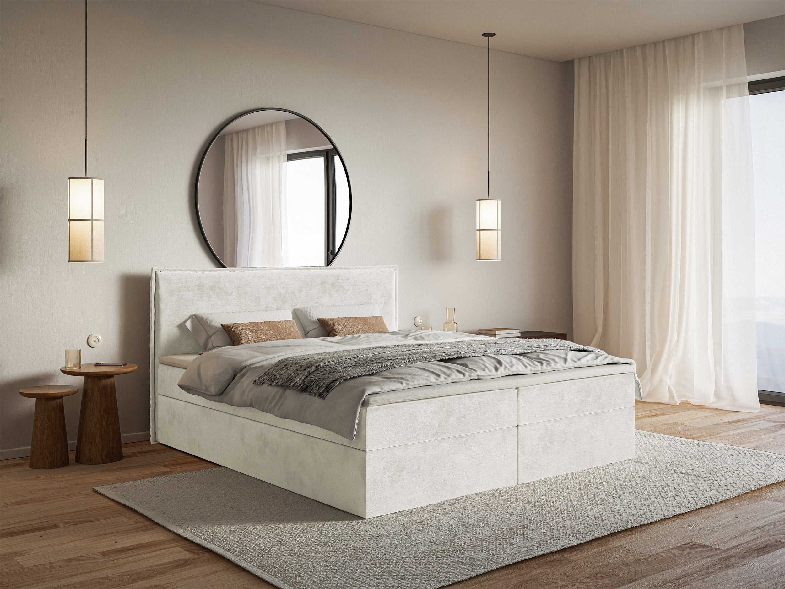 Kontinentalbett 140x200 cm Softie mit Stauraum und Topper, grau-beiges Velours, wasserabweisend