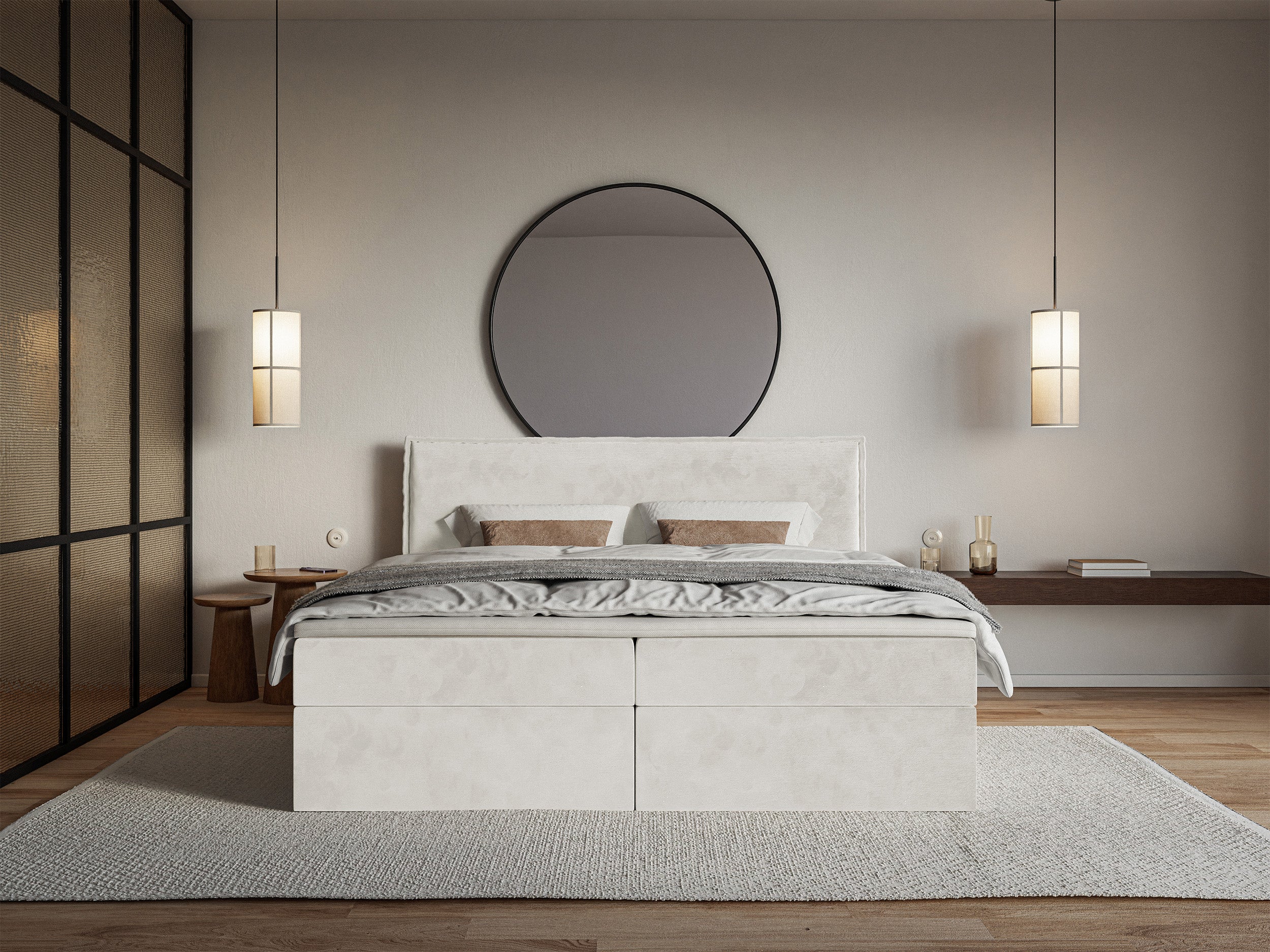 Kontinentalbett 140x200 cm Softie mit Stauraum und Topper, grau-beiges Velours, wasserabweisend