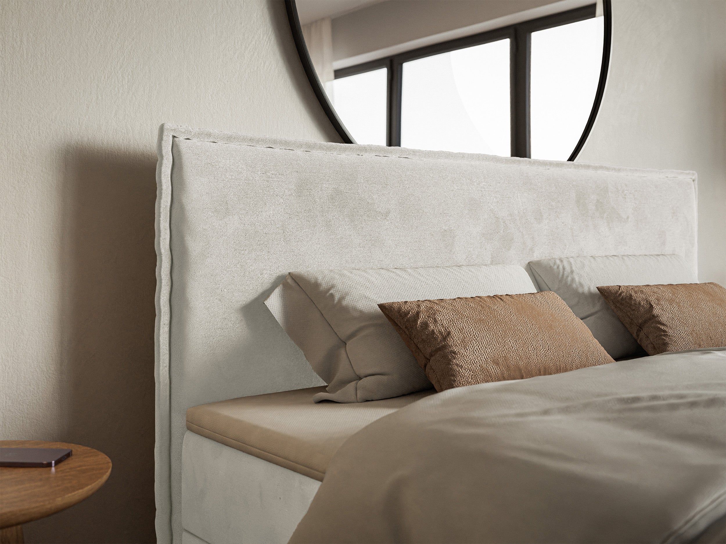 Kontinentalbett 140x200 cm Softie mit Stauraum und Topper, grau-beiges Velours, wasserabweisend