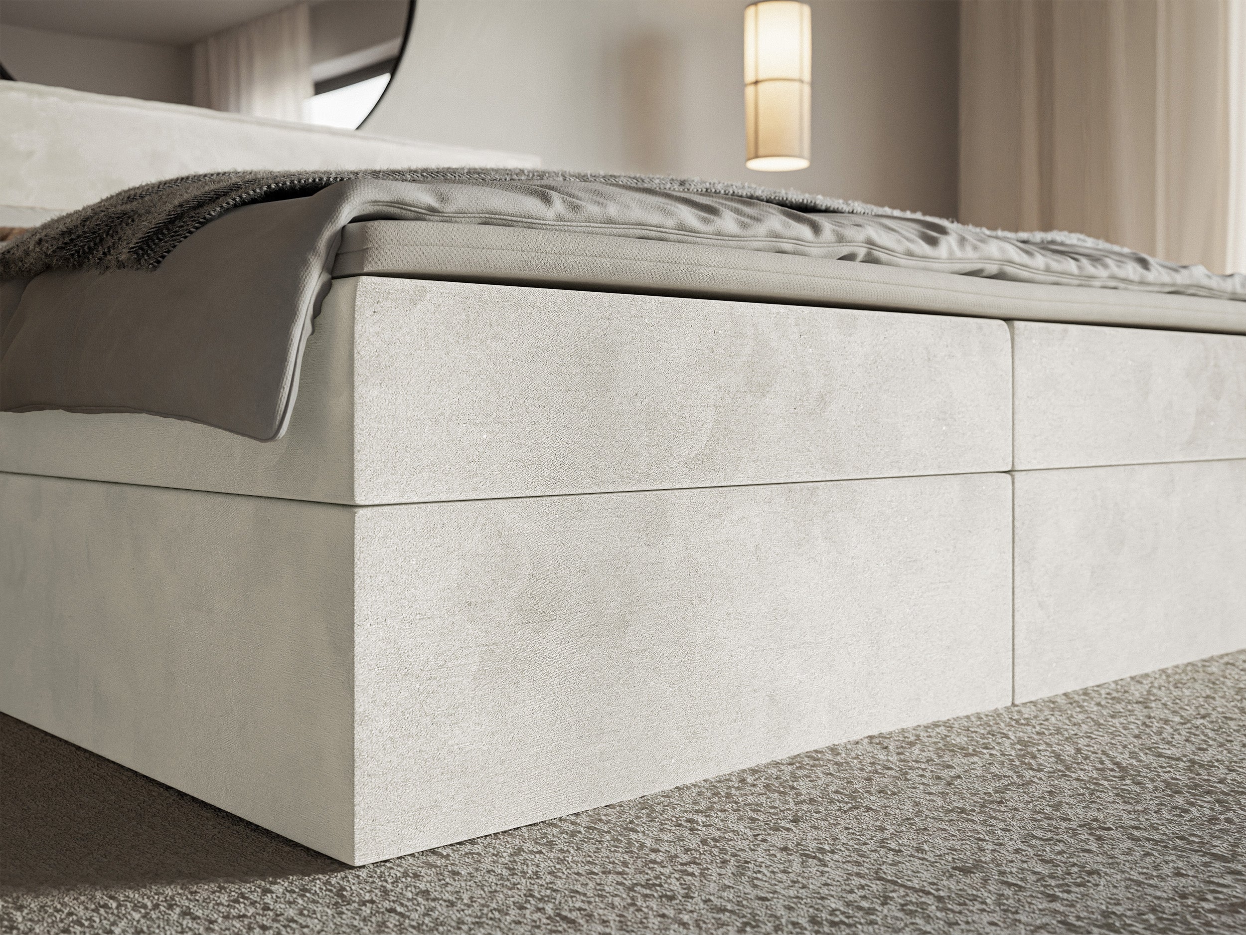 Kontinentalbett 140x200 cm Softie mit Stauraum und Topper, grau-beiges Velours, wasserabweisend
