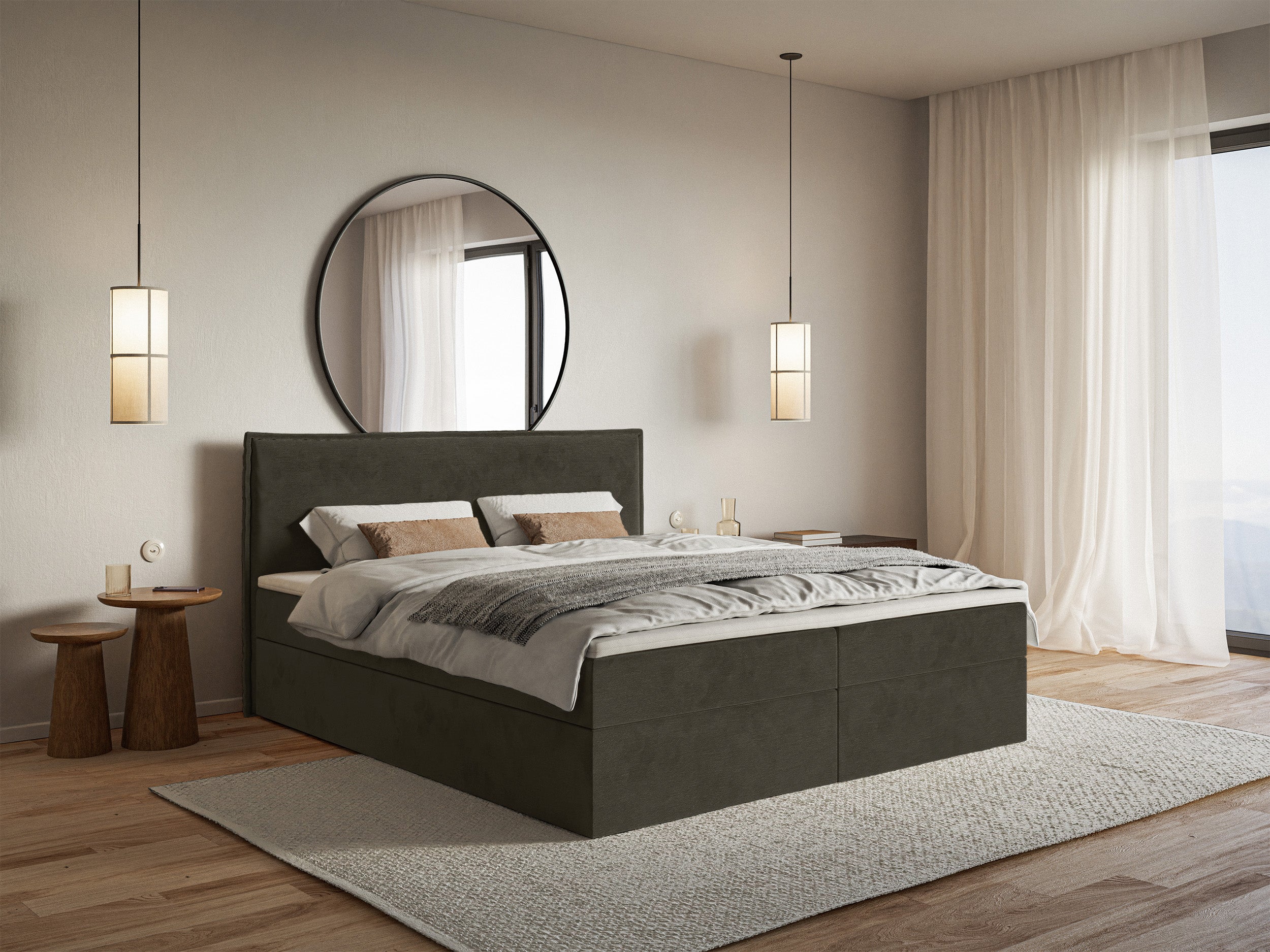 Kontinentales Bett 160x200 cm Softie mit Stauraum und Topper, dunkelgrüner hydrophober Samt