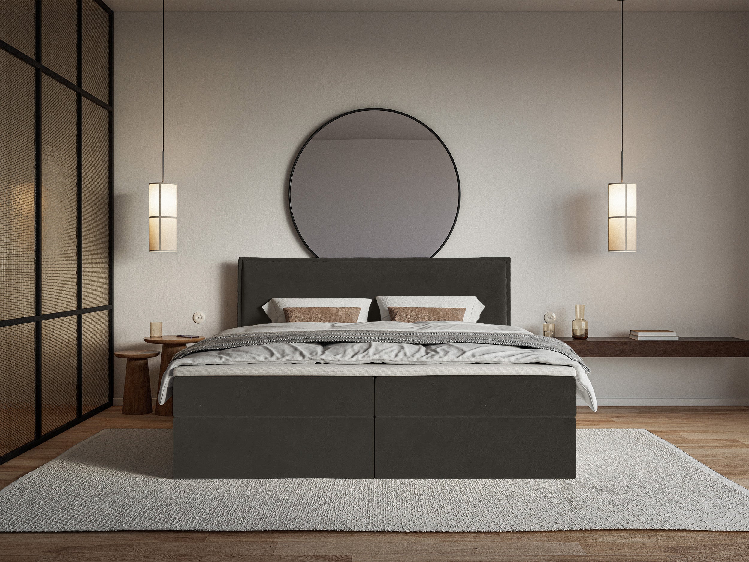 Kontinentales Bett 160x200 cm Softie mit Stauraum und Topper, dunkelgrüner hydrophober Samt