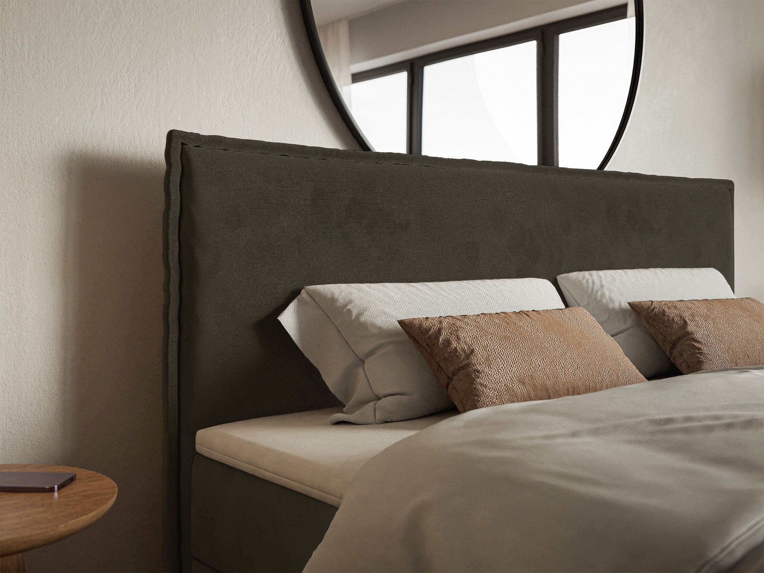 Kontinentales Bett 160x200 cm Softie mit Stauraum und Topper, dunkelgrüner hydrophober Samt
