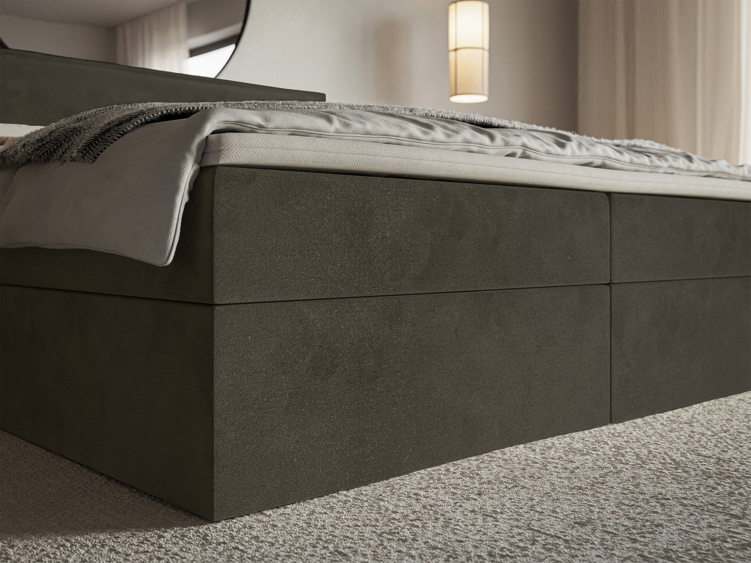 Kontinentales Bett 160x200 cm Softie mit Stauraum und Topper, dunkelgrüner hydrophober Samt