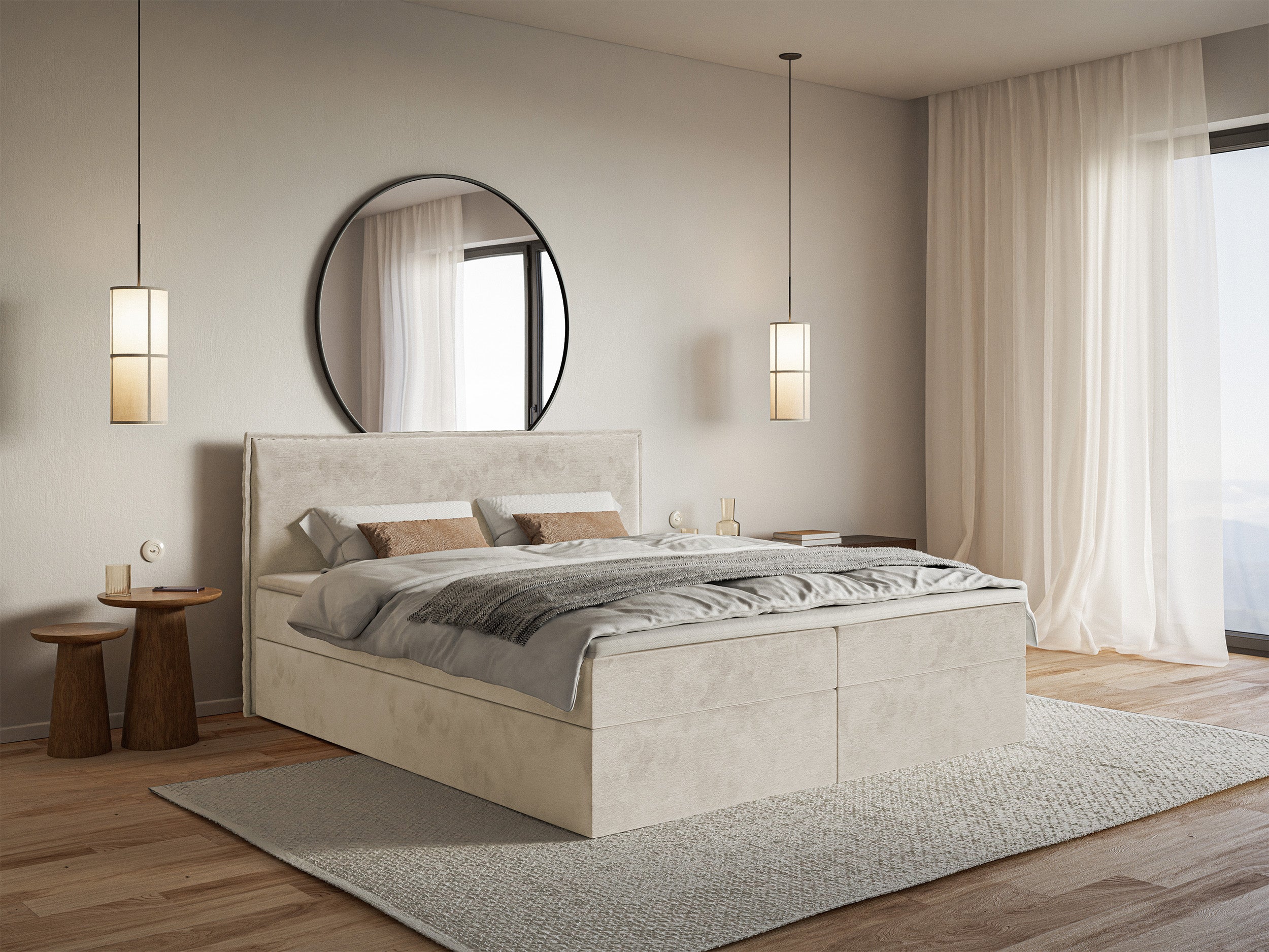 Kontinentalbett 160x200 cm Softie mit Stauraum und Topper, beige Velours, wasserabweisend
