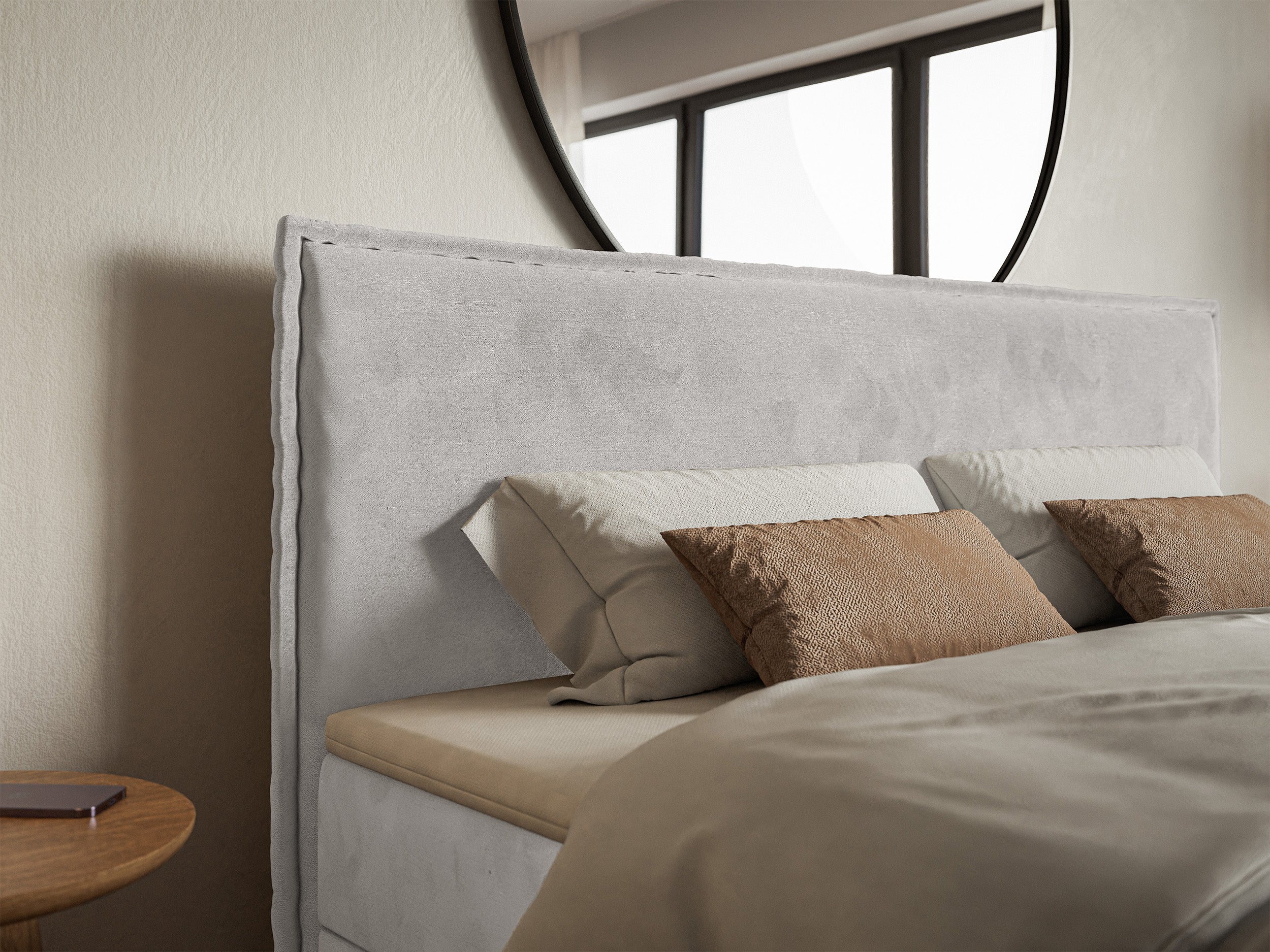 Kontinentalbett 180x200 cm Softie mit Stauraum und Topper, hellgrauer Velours, hydrophob