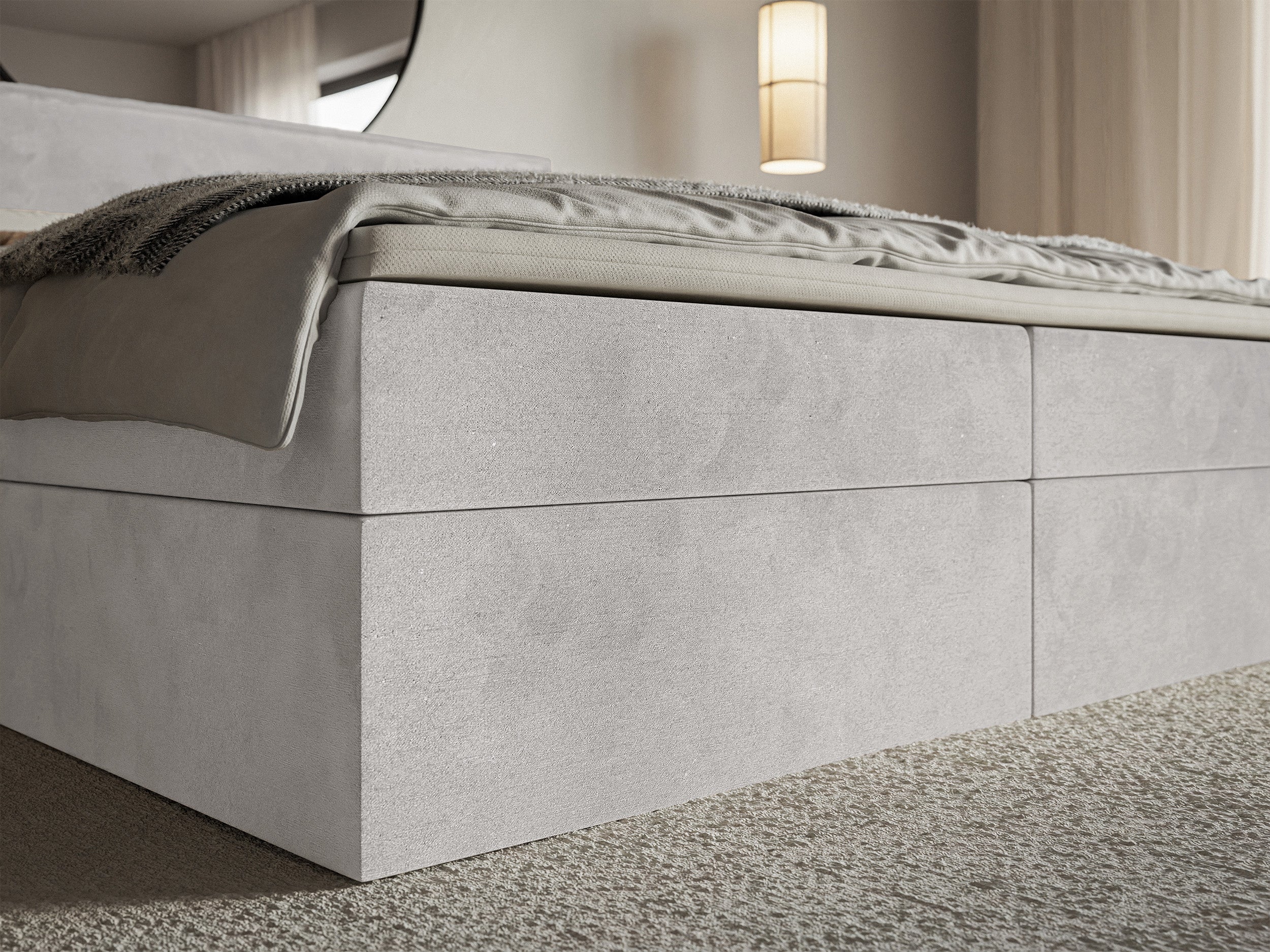 Kontinentalbett 180x200 cm Softie mit Stauraum und Topper, hellgrauer Velours, hydrophob