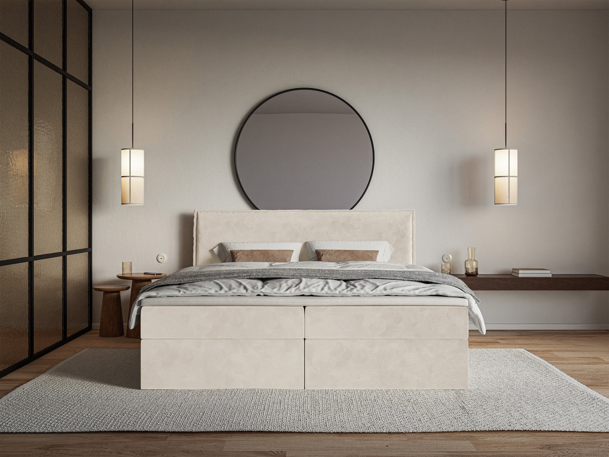 Kontinentalbett 160x200 cm Softie mit Stauraum und Topper, beige Velours, wasserabweisend