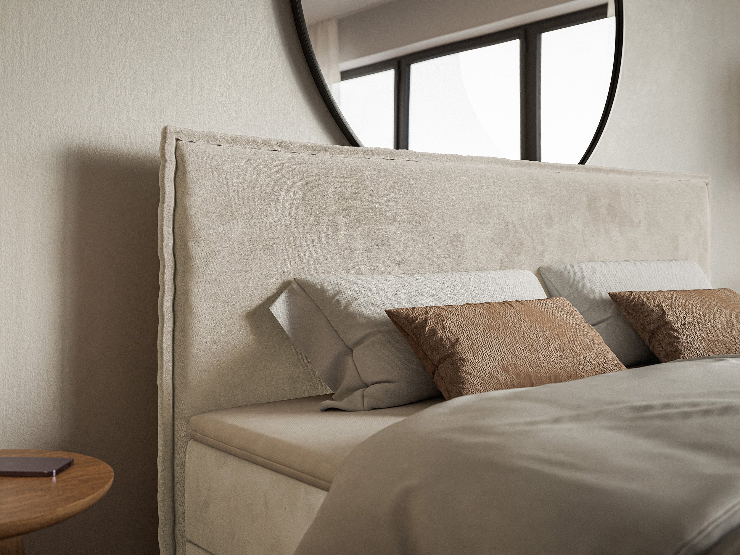 Kontinentalbett 160x200 cm Softie mit Stauraum und Topper, beige Velours, wasserabweisend