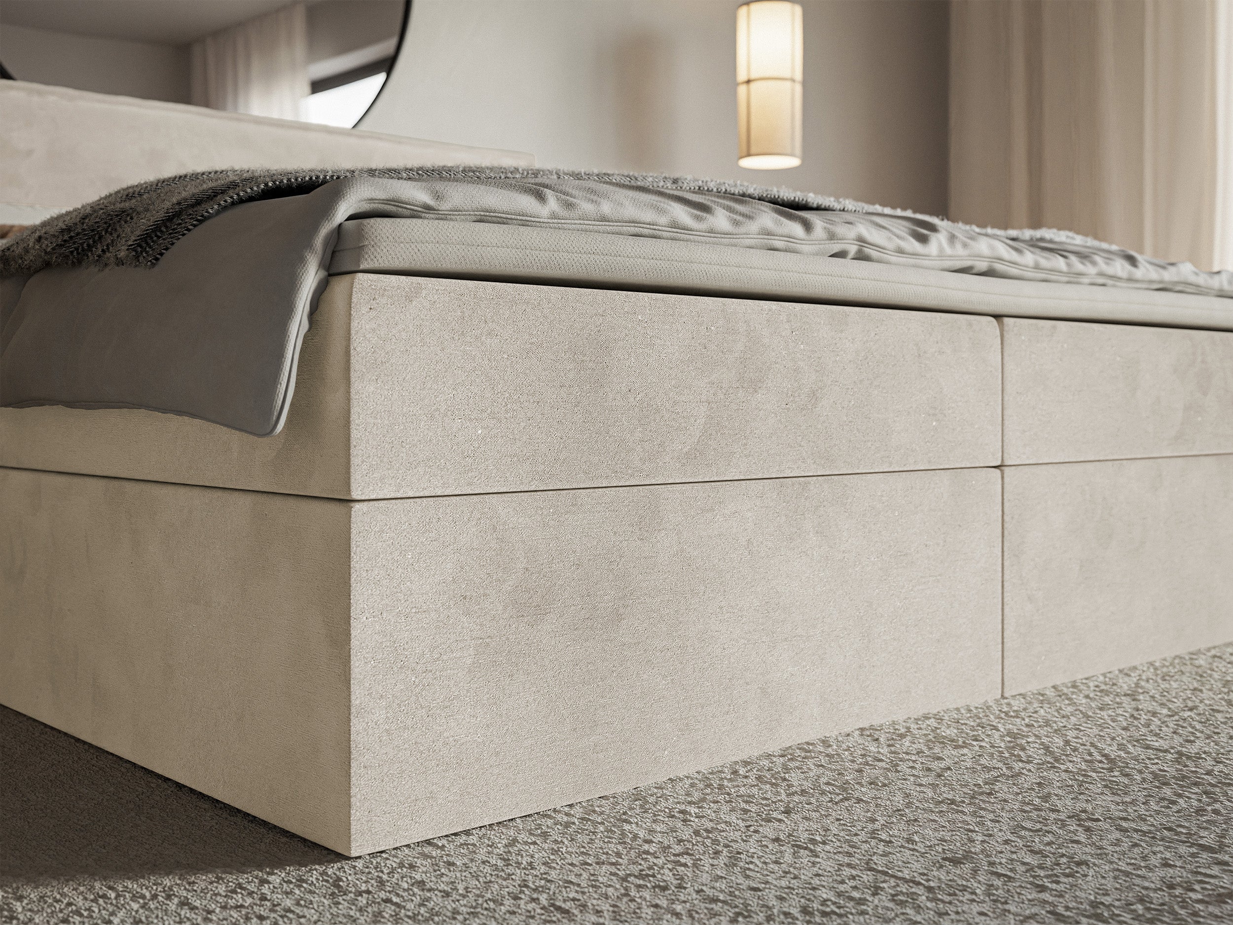 Kontinentalbett 160x200 cm Softie mit Stauraum und Topper, beige Velours, wasserabweisend