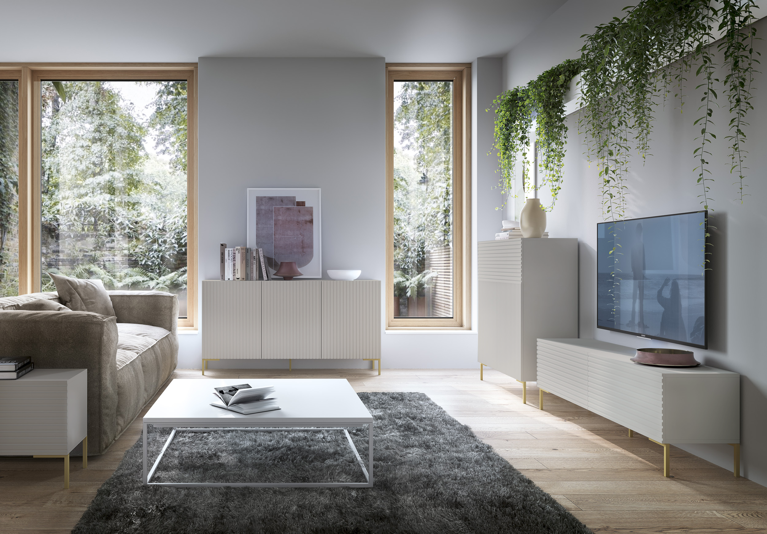 TV-Schrank Lammelo 175 cm grau-beige mit goldenen Beinen