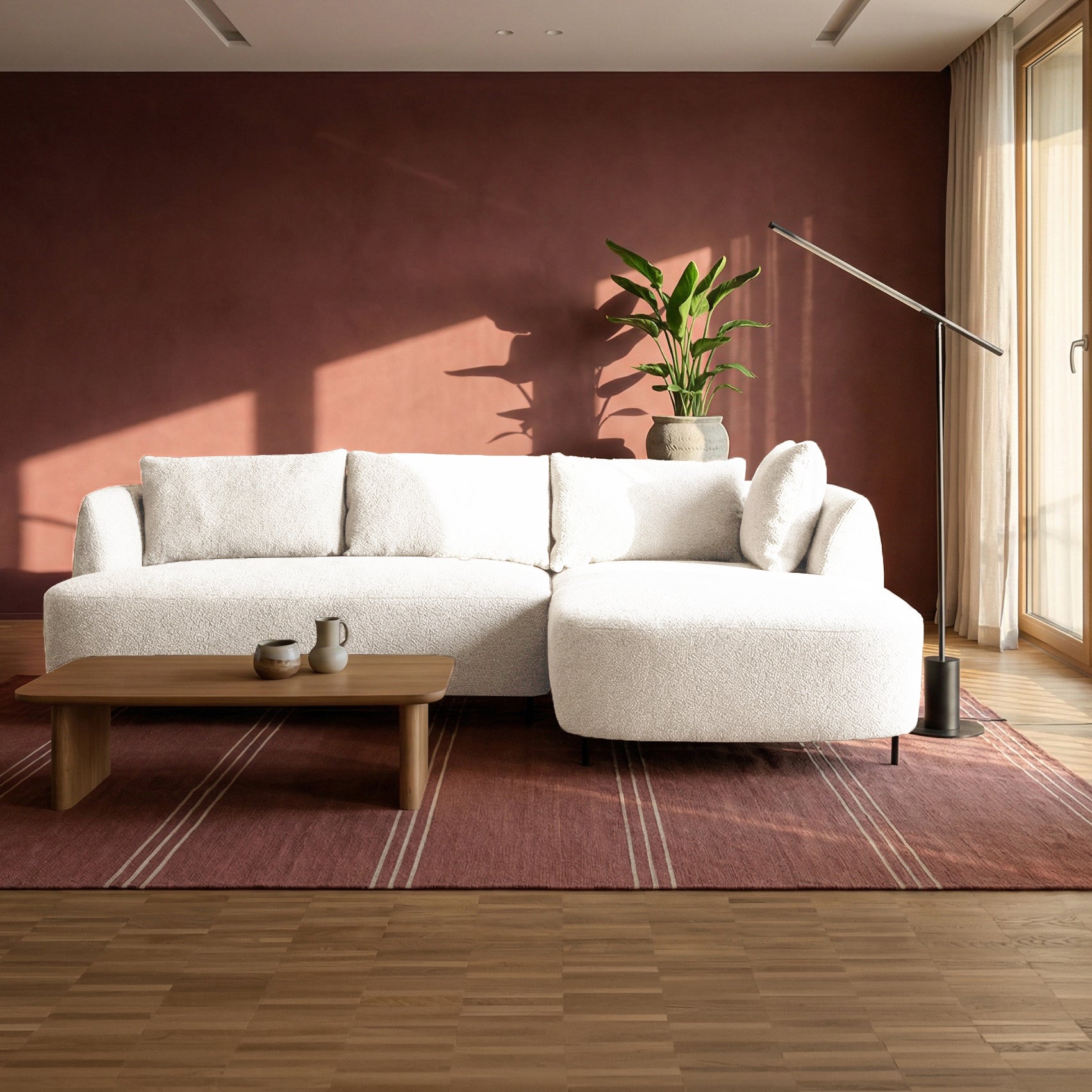 Modulares Ecksofa Lanomi, L-förmig, rechtsseitig, cremefarbenes Bouclé