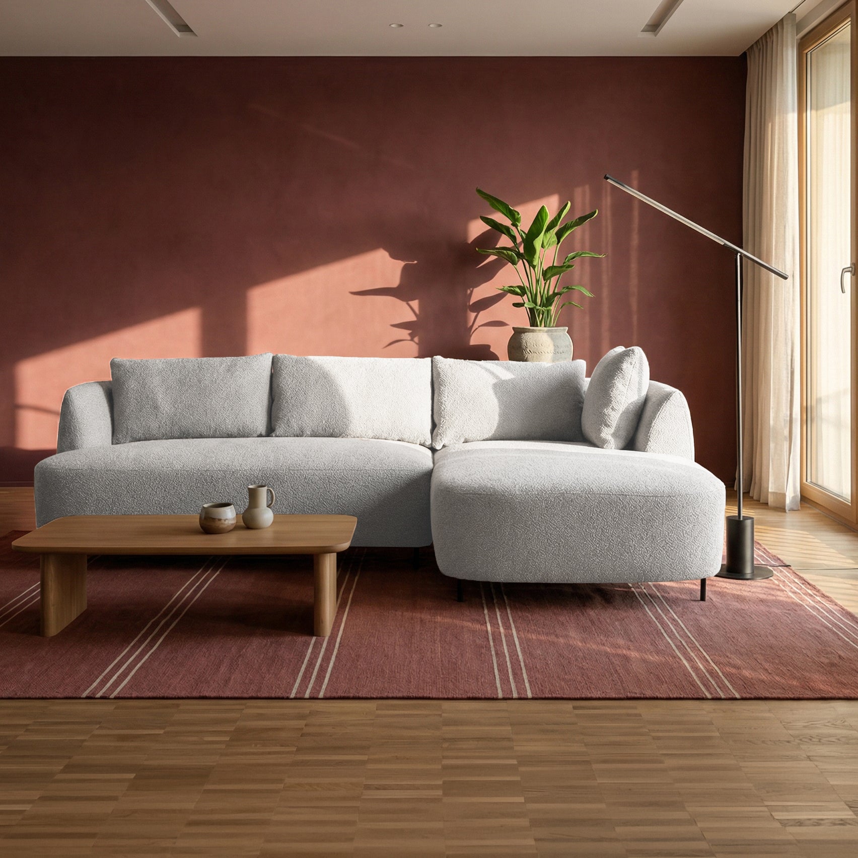 Modulares Ecksofa Lanomi L-förmig, rechtsseitig, hellgrauer Bouclé-Stoff