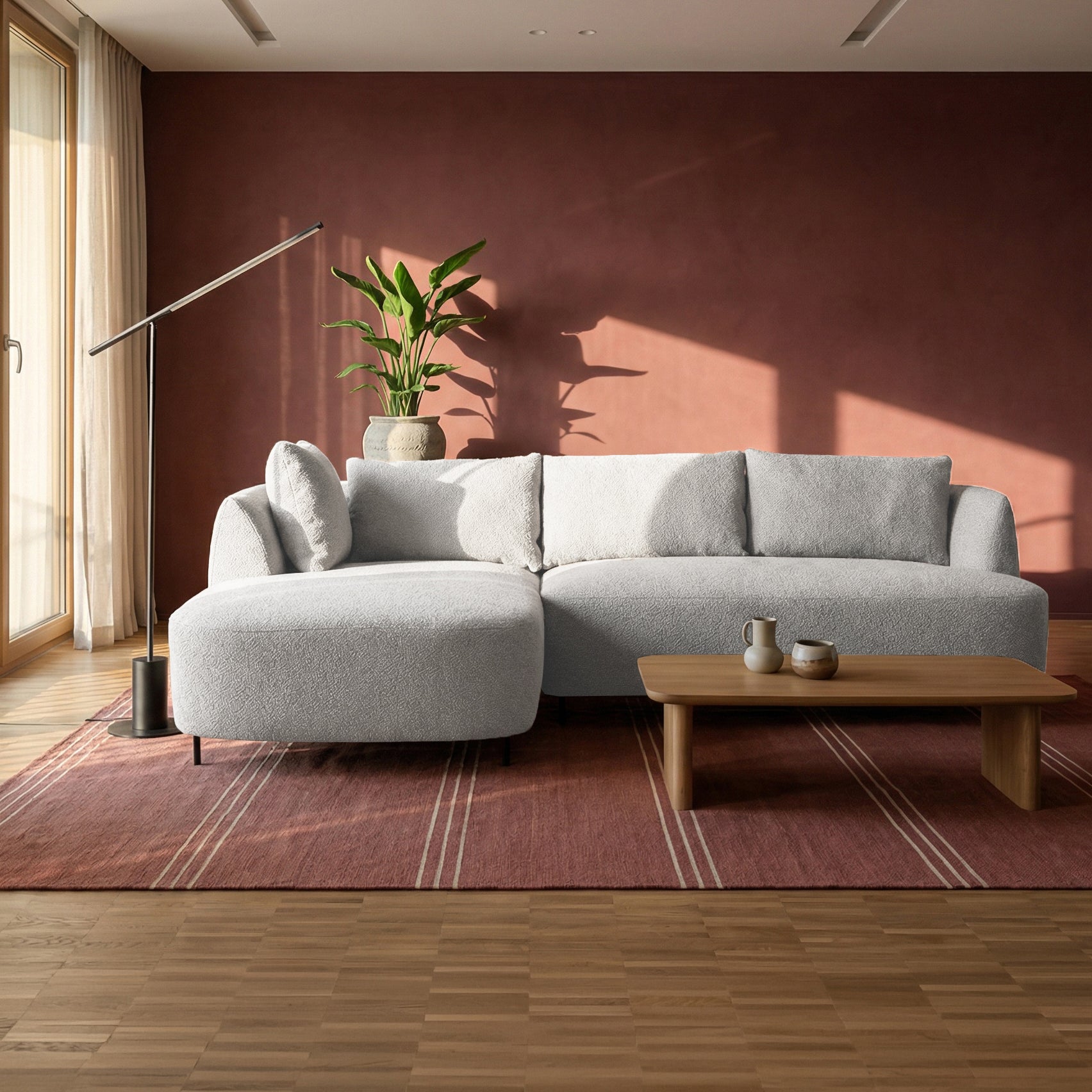 Modulares Ecksofa Lanomi L-förmig, linksseitig, hellgrauer Bouclé-Stoff