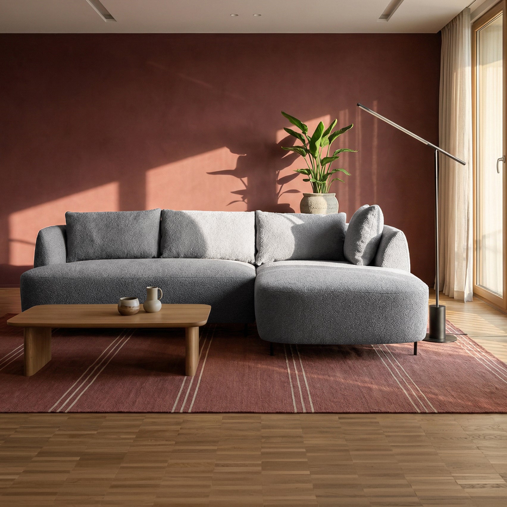 Modulares Ecksofa Lanomi L-förmig, rechtsseitig, grau Bouclé