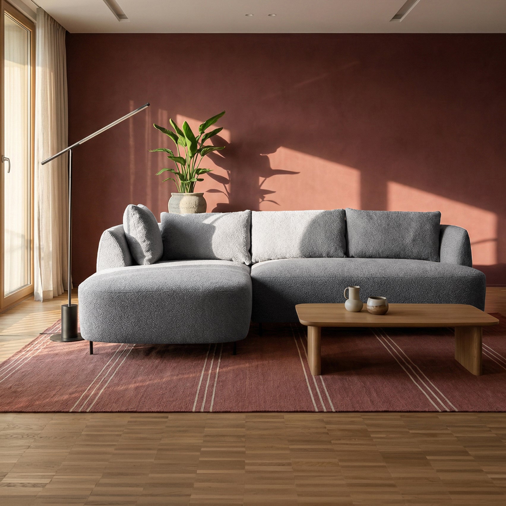 Modulares Ecksofa Lanomi L-förmig, linksseitig, grau Bouclé