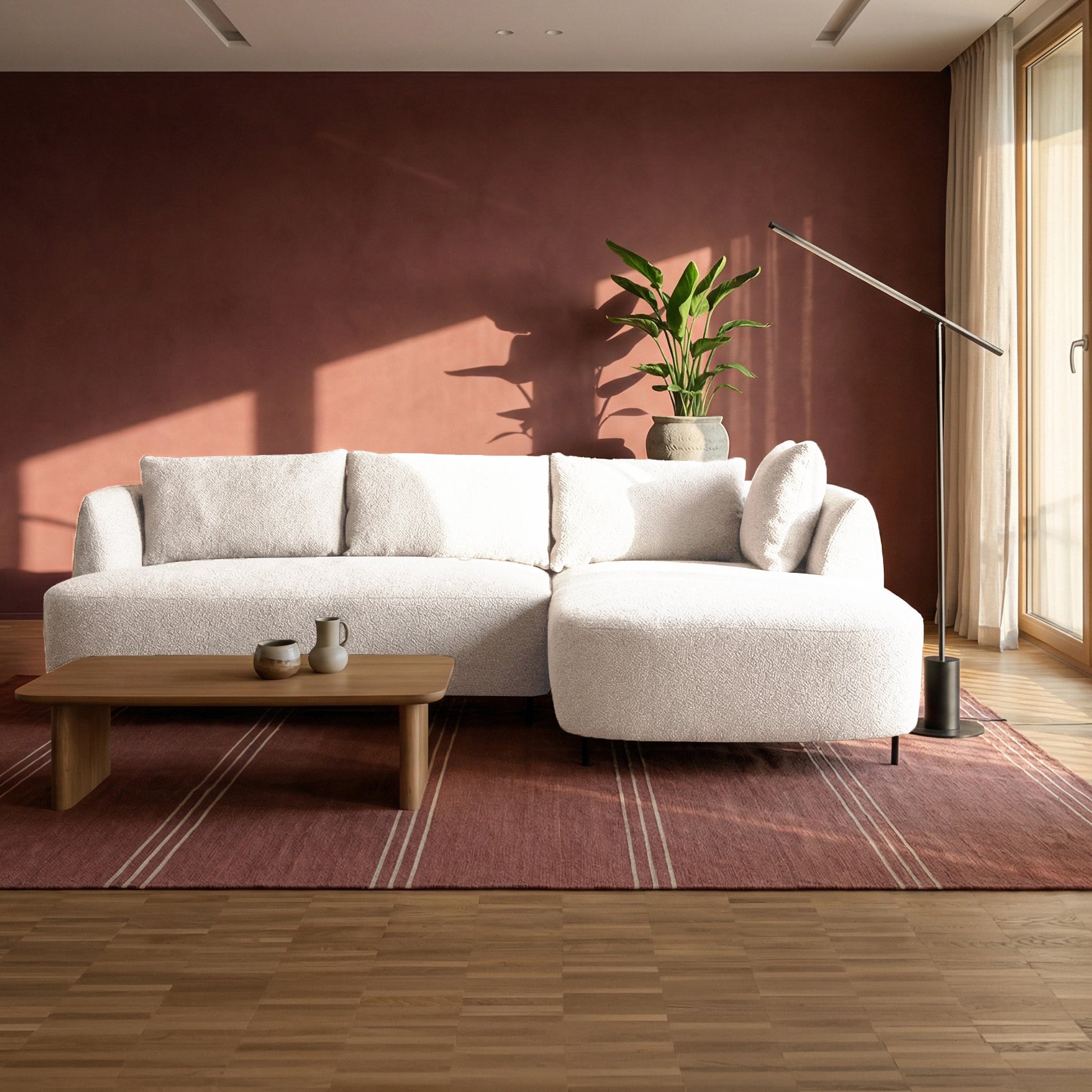 Modulares Ecksofa Lanomi, L-förmig, rechtsseitig, weißes Bouclé