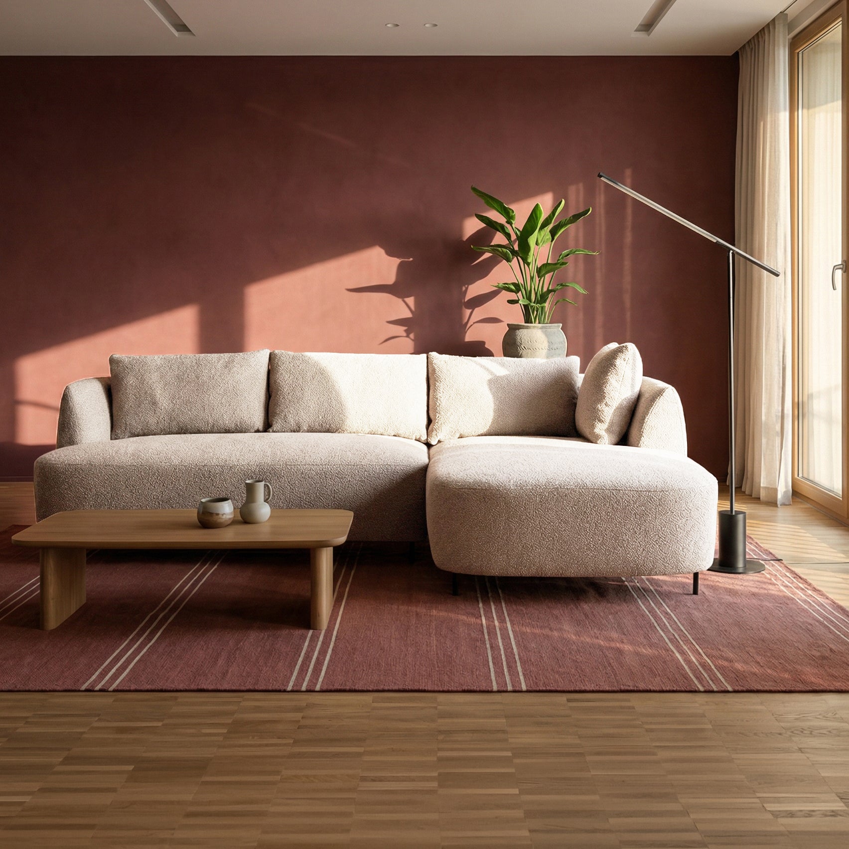 Modulares Ecksofa Lanomi L-förmig, rechtsseitig, beige Bouclé