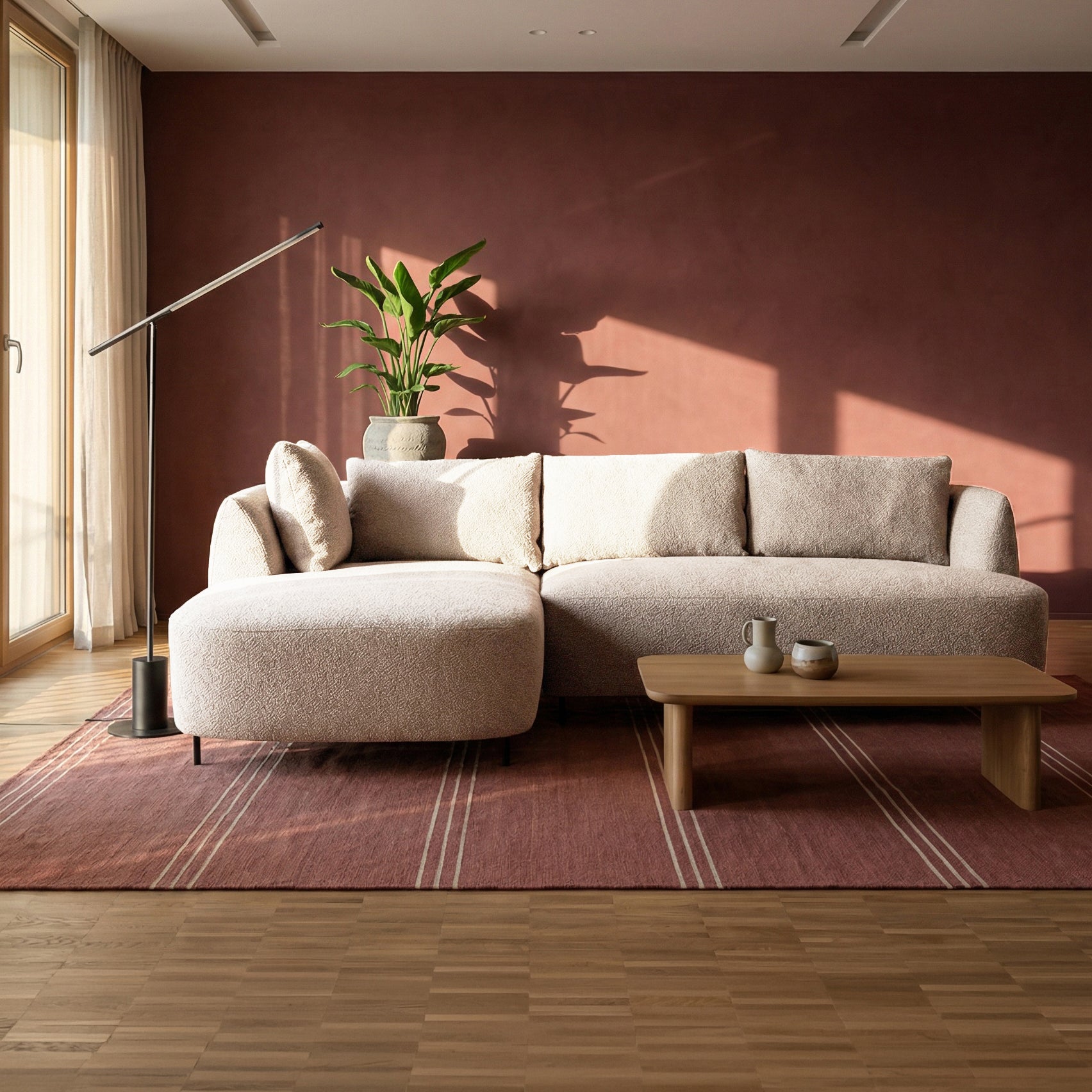 Modulares Ecksofa Lanomi, L-förmig, linksseitig, beige Bouclé