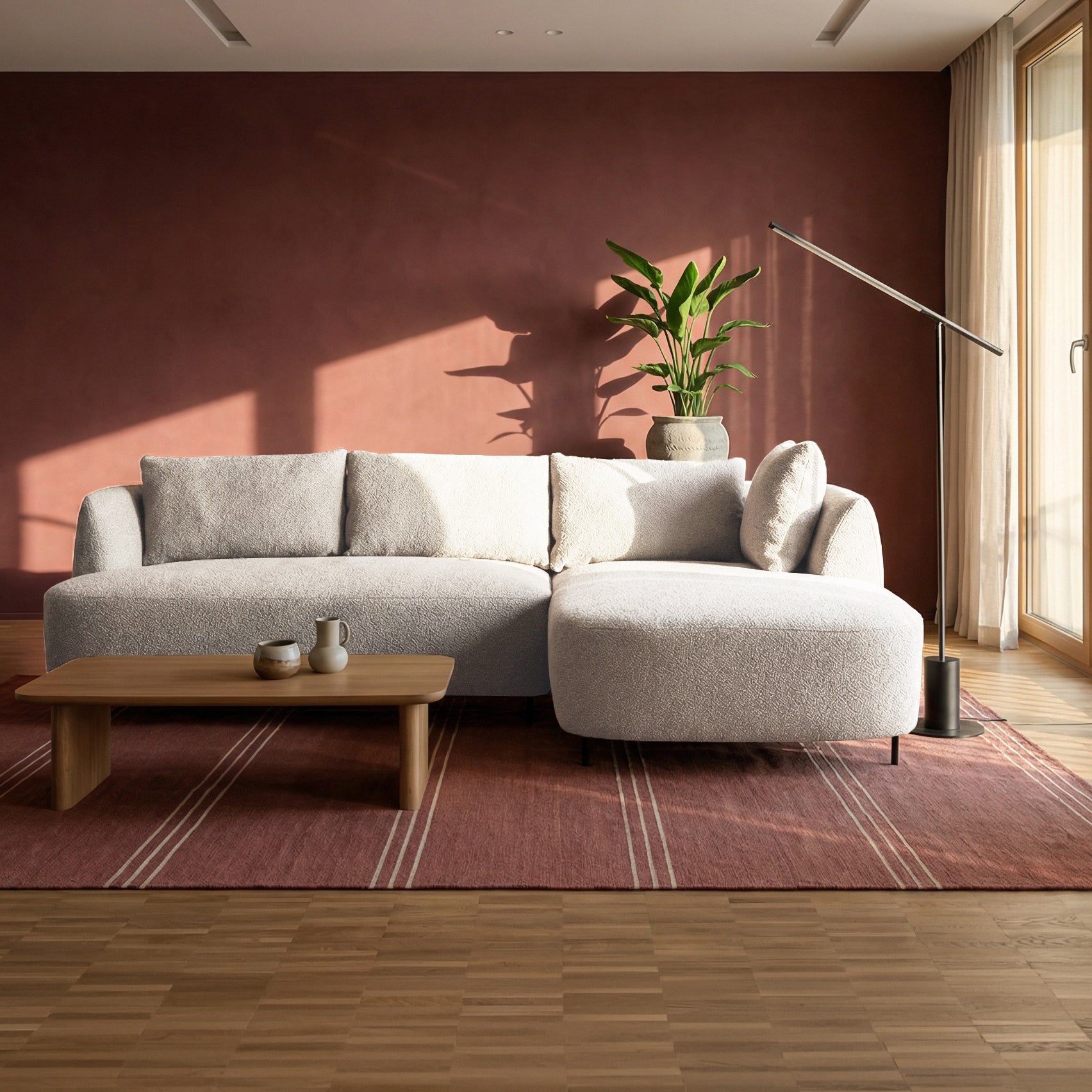 Modulares Ecksofa Lanomi, L-förmig, rechtsseitig, grau-beige Bouclé