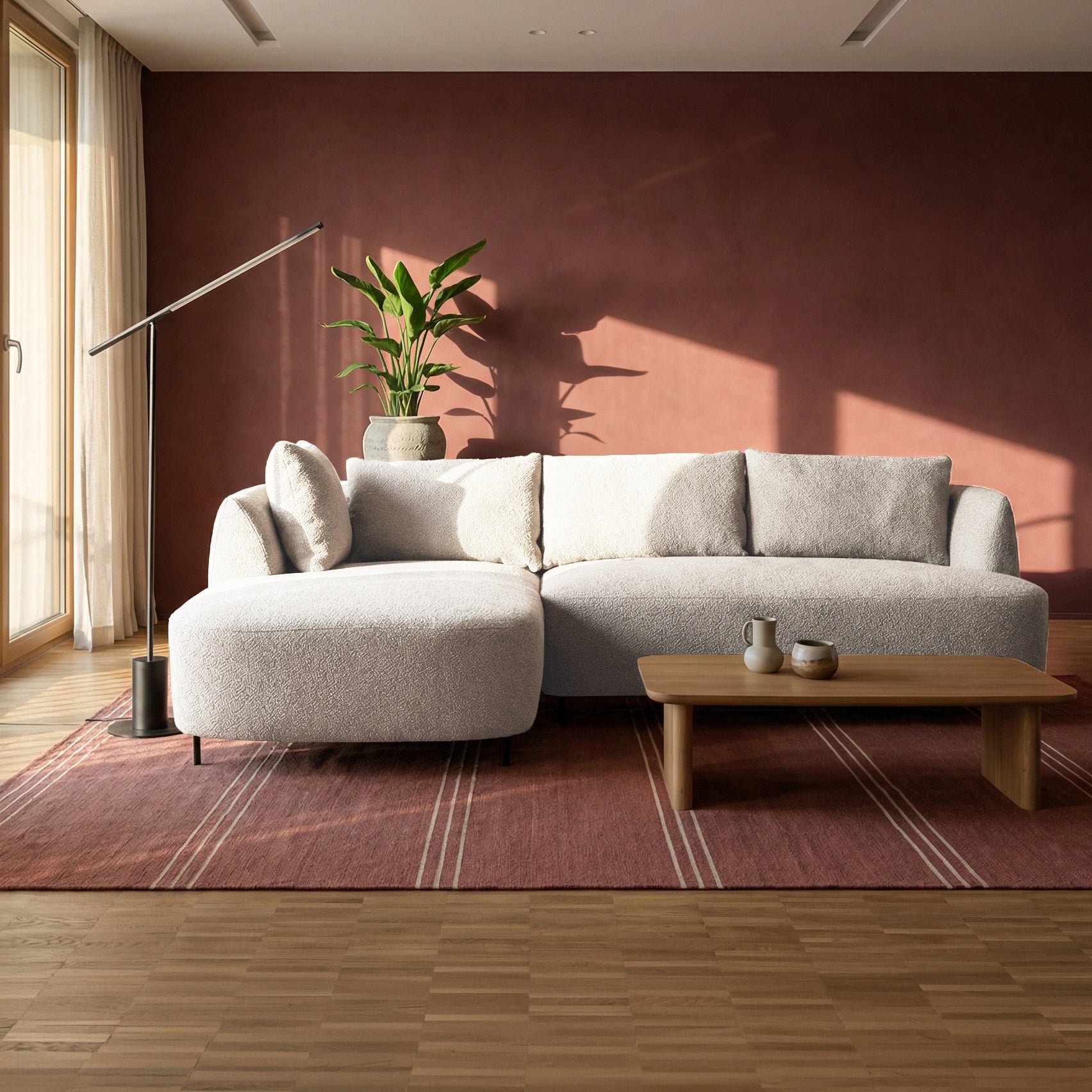 Modulares Ecksofa Lanomi L-förmig, linksseitig, grau-beiges Bouclé