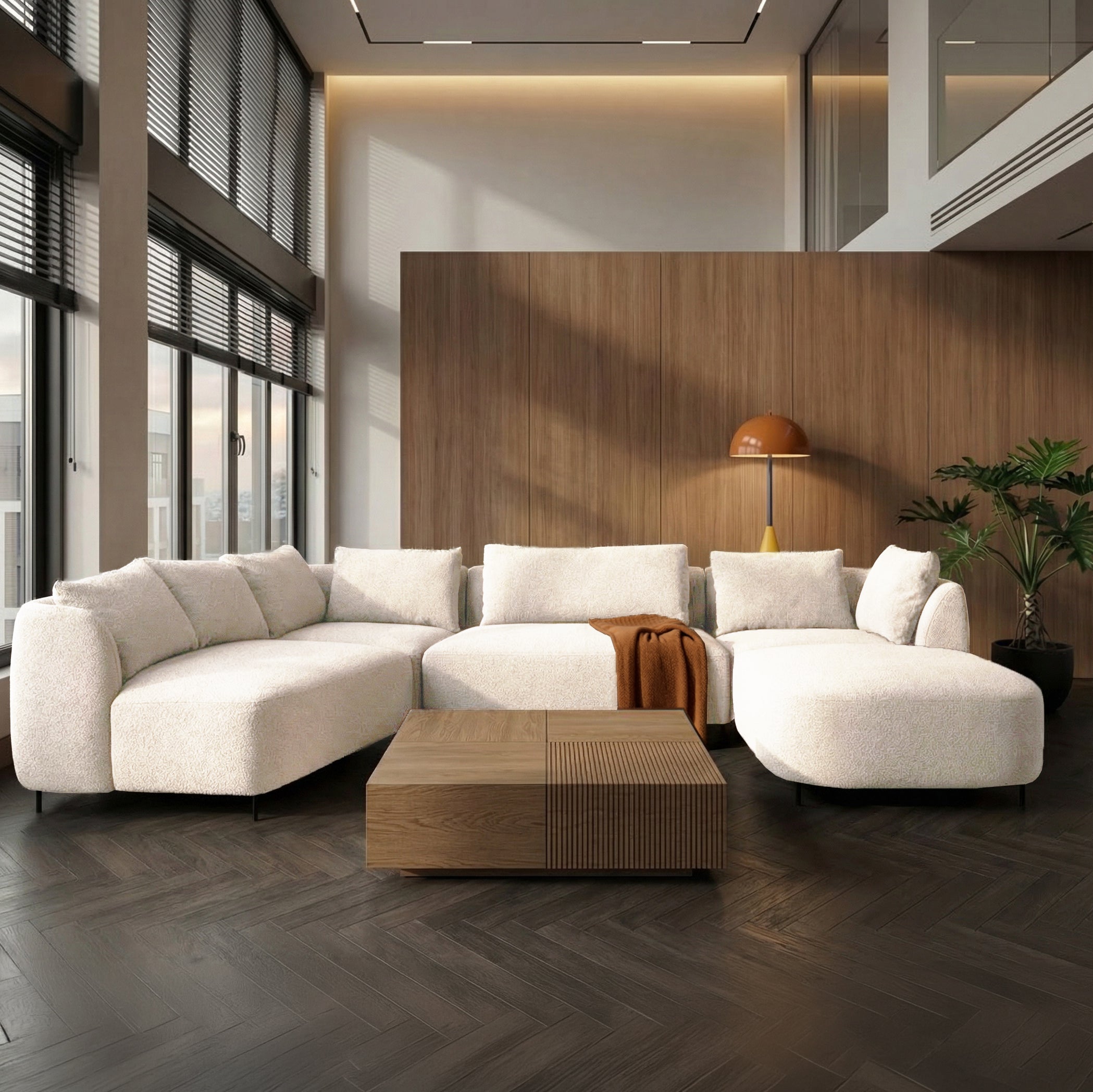 Modulares Ecksofa Lanomi U-förmig linksseitig weiß Bouclé