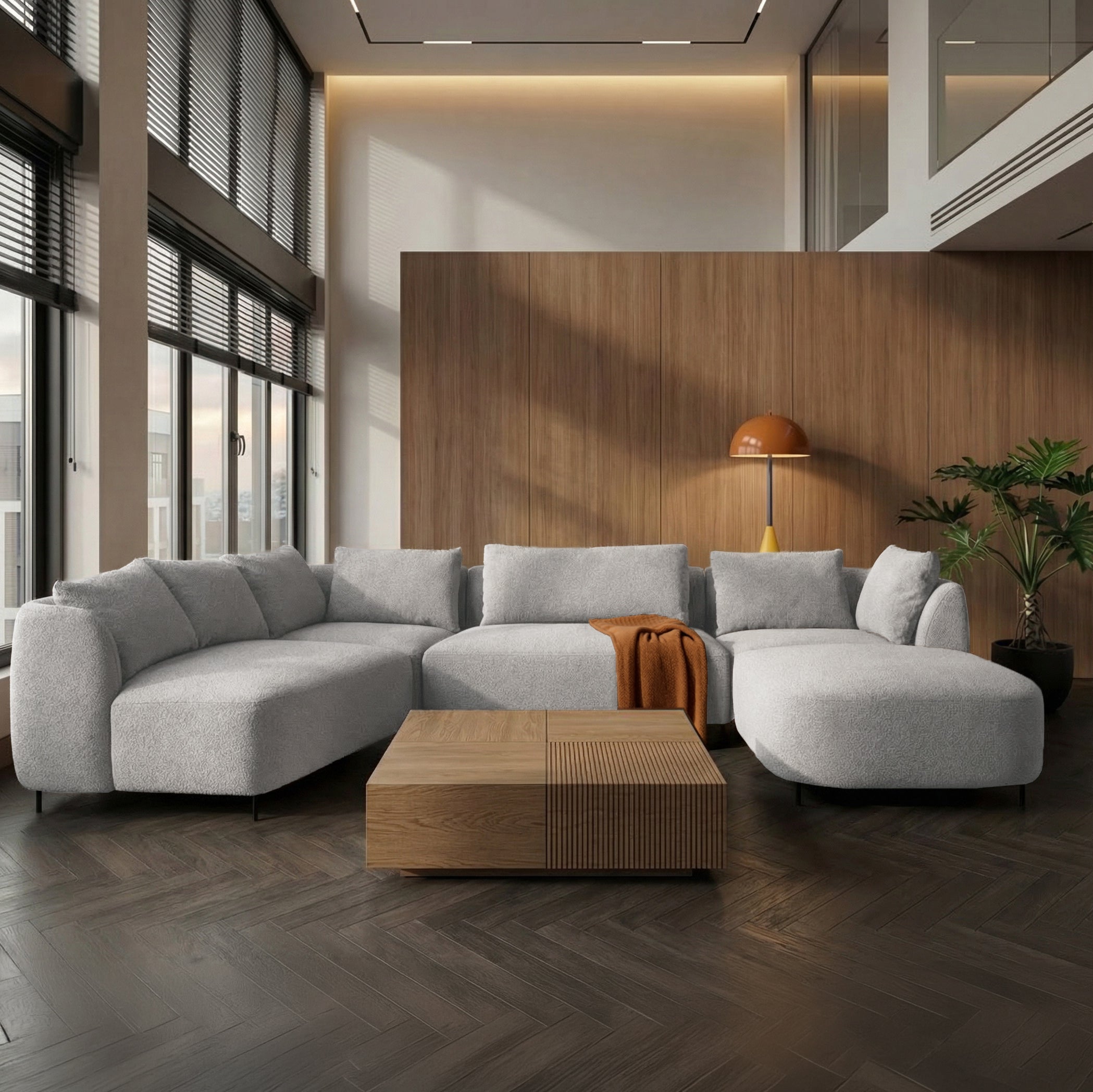 Modulares Ecksofa Lanomi U-förmig, linksseitig, hellgrauer Bouclé-Stoff