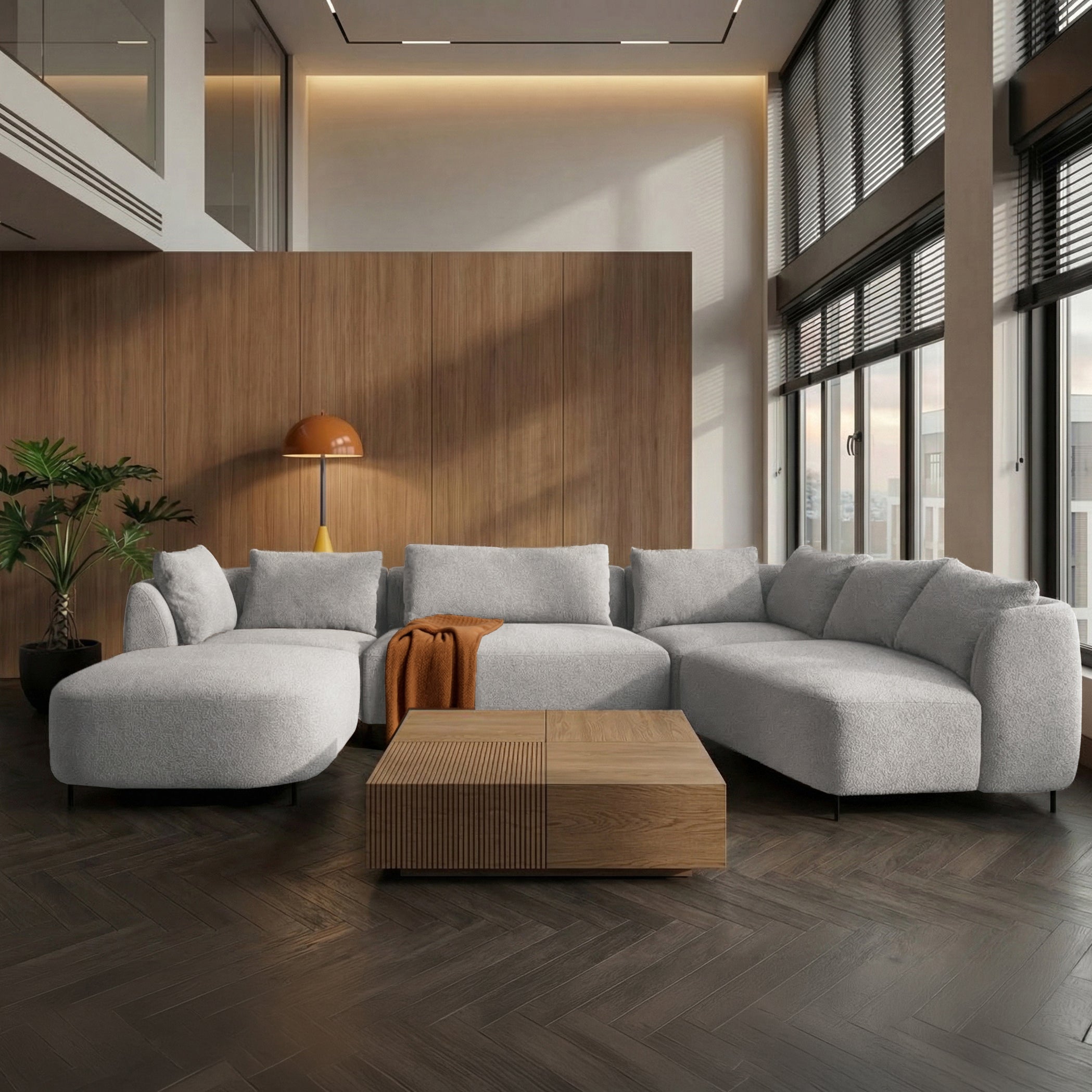 Modulares Ecksofa Lanomi U-förmig, rechtsseitig, hellgrauer Bouclé-Stoff