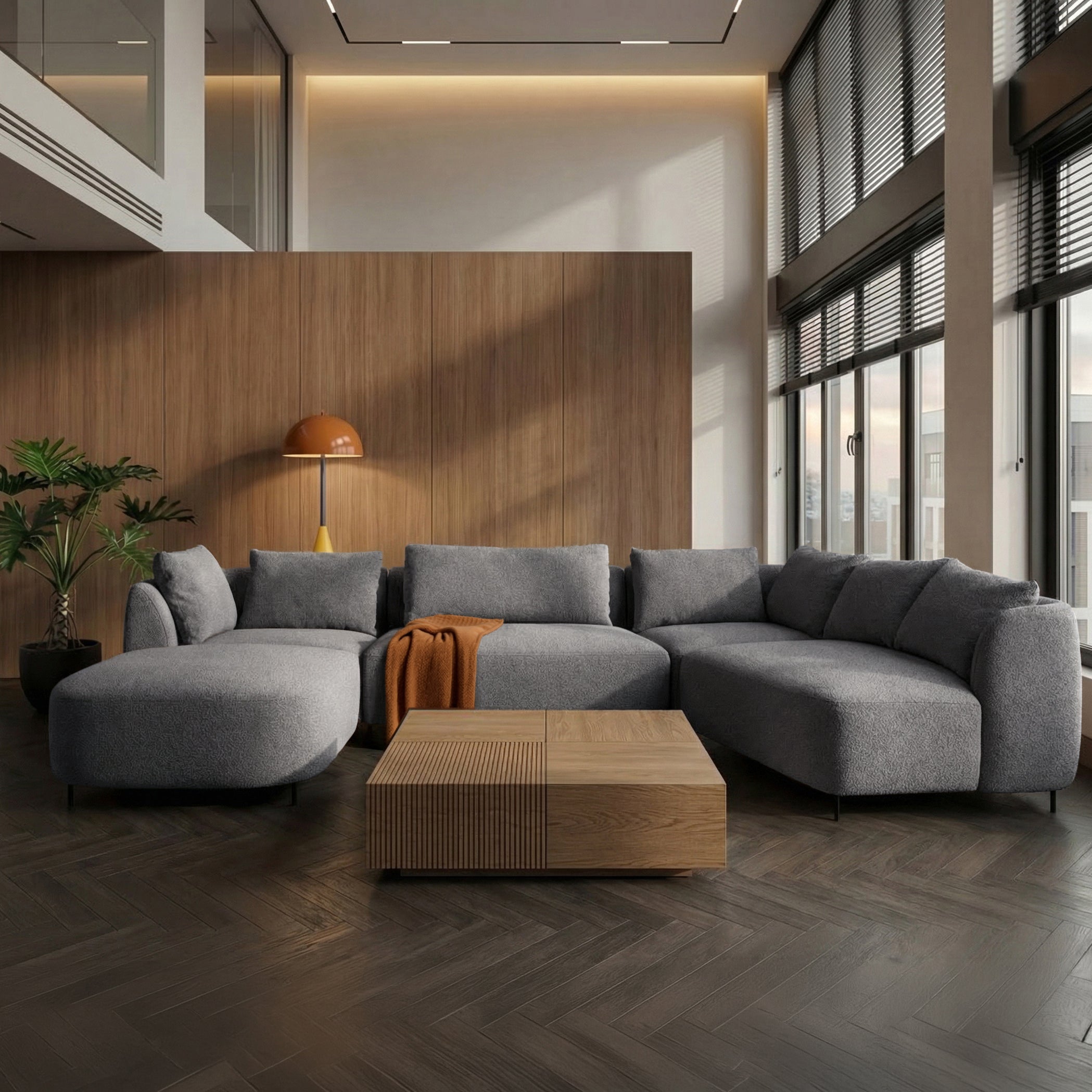 Modulares Ecksofa Lanomi U-förmig, rechtsseitig, grau Bouclé