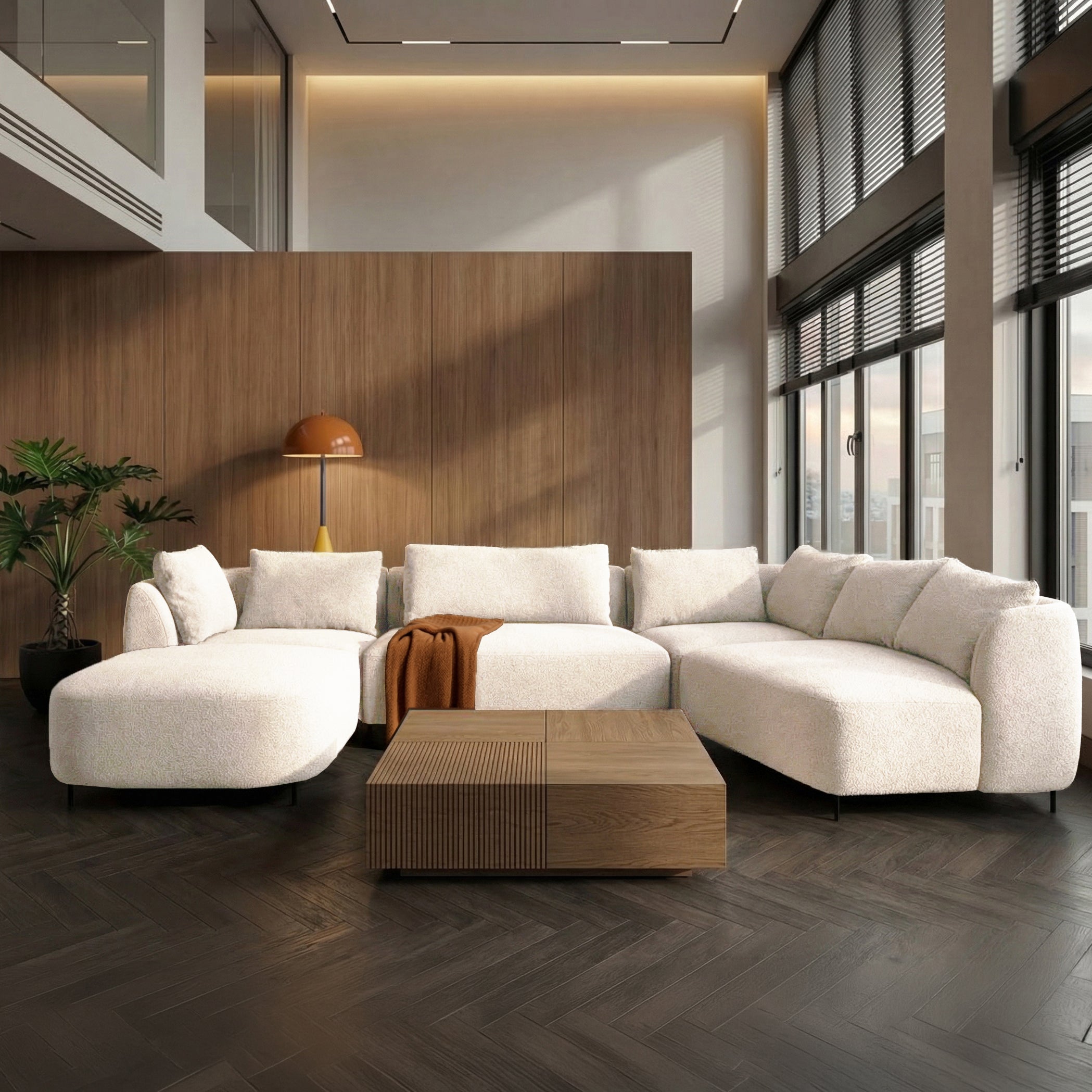 Modulares Ecksofa Lanomi U-förmig, rechtsseitig, weißes Bouclé