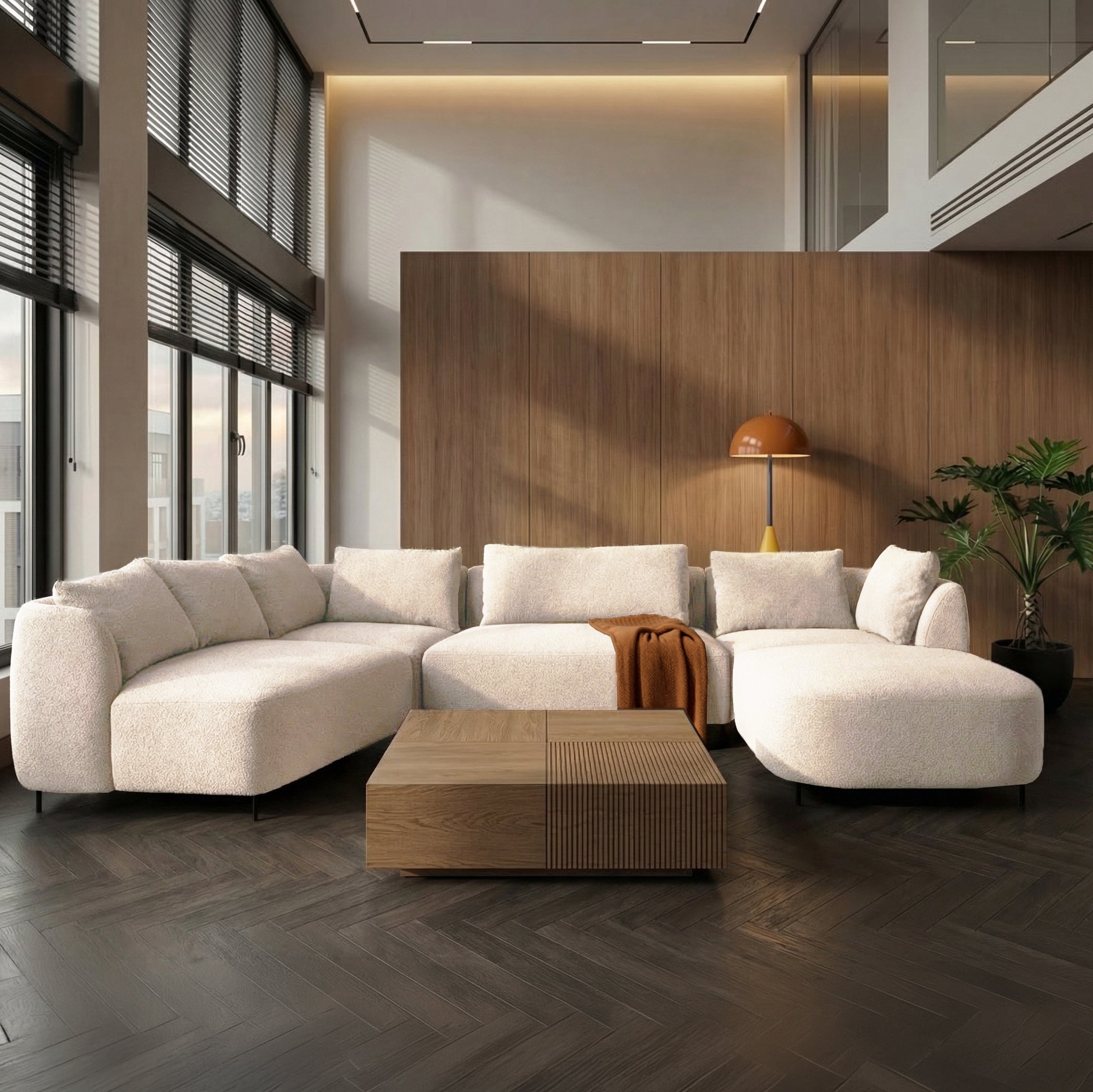 Modulares Lanomi Ecksofa U-förmig, linksseitig, cremefarbenes Bouclé