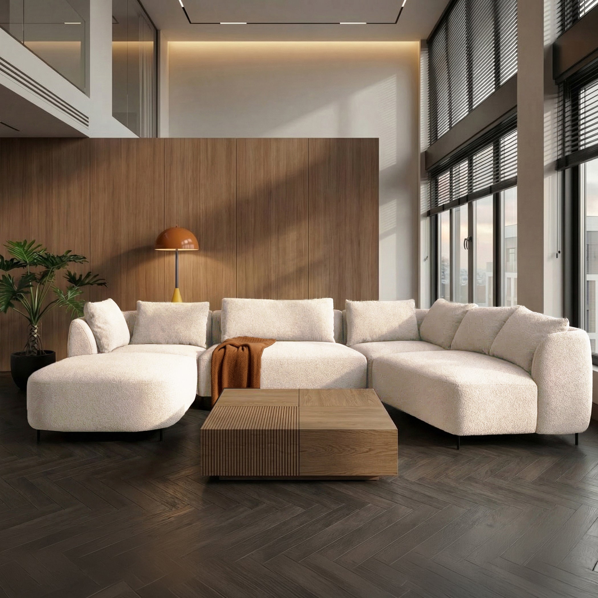 Modulares Ecksofa Lanomi U-förmig, rechtsseitig, cremefarbenes Bouclé