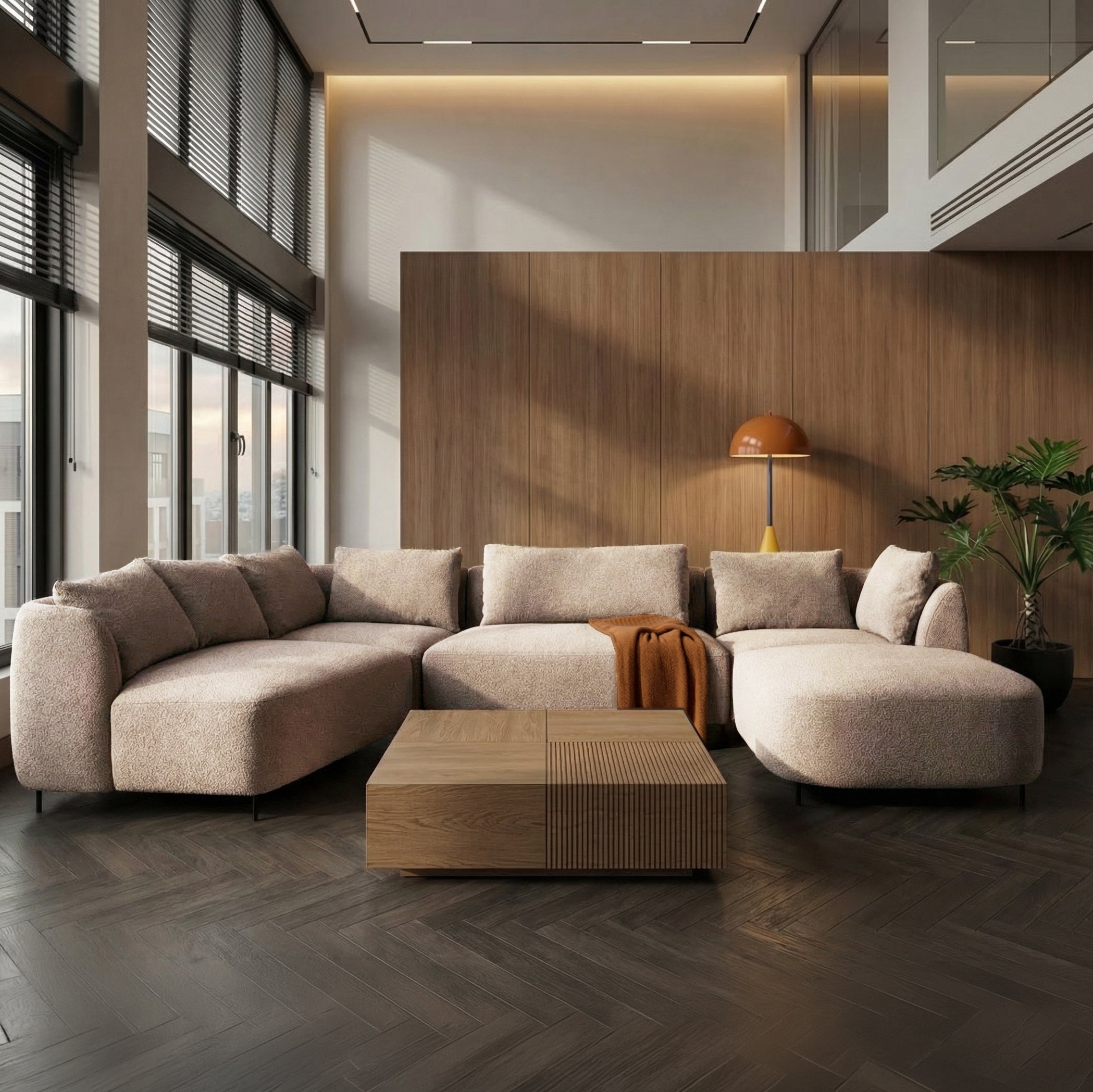Modulares Ecksofa Lanomi U-förmig, linksseitig, beige Bouclé