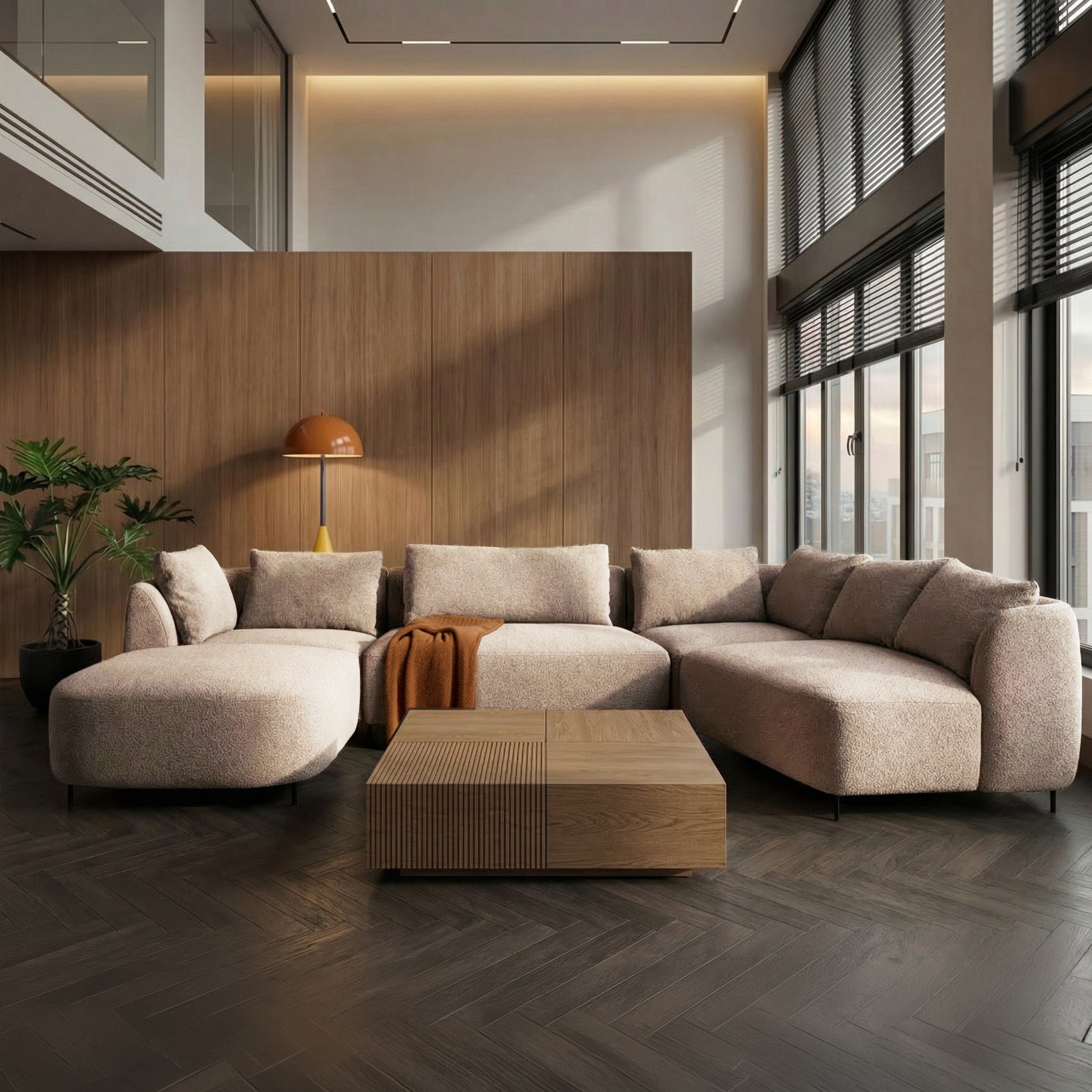 Modulares Ecksofa Lanomi U-förmig, rechtsseitig, beige Bouclé