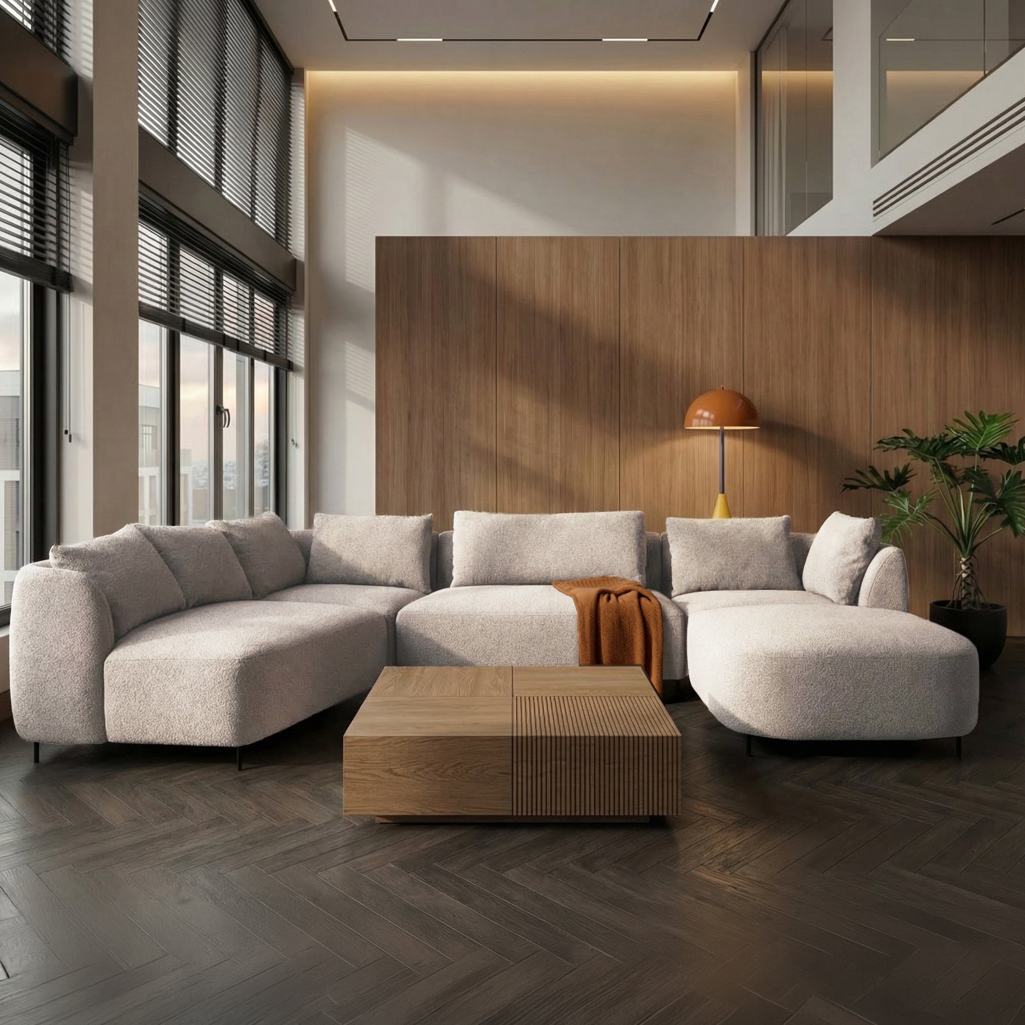 Modulares Ecksofa Lanomi U-förmig, linksseitig, grau-beige Bouclé