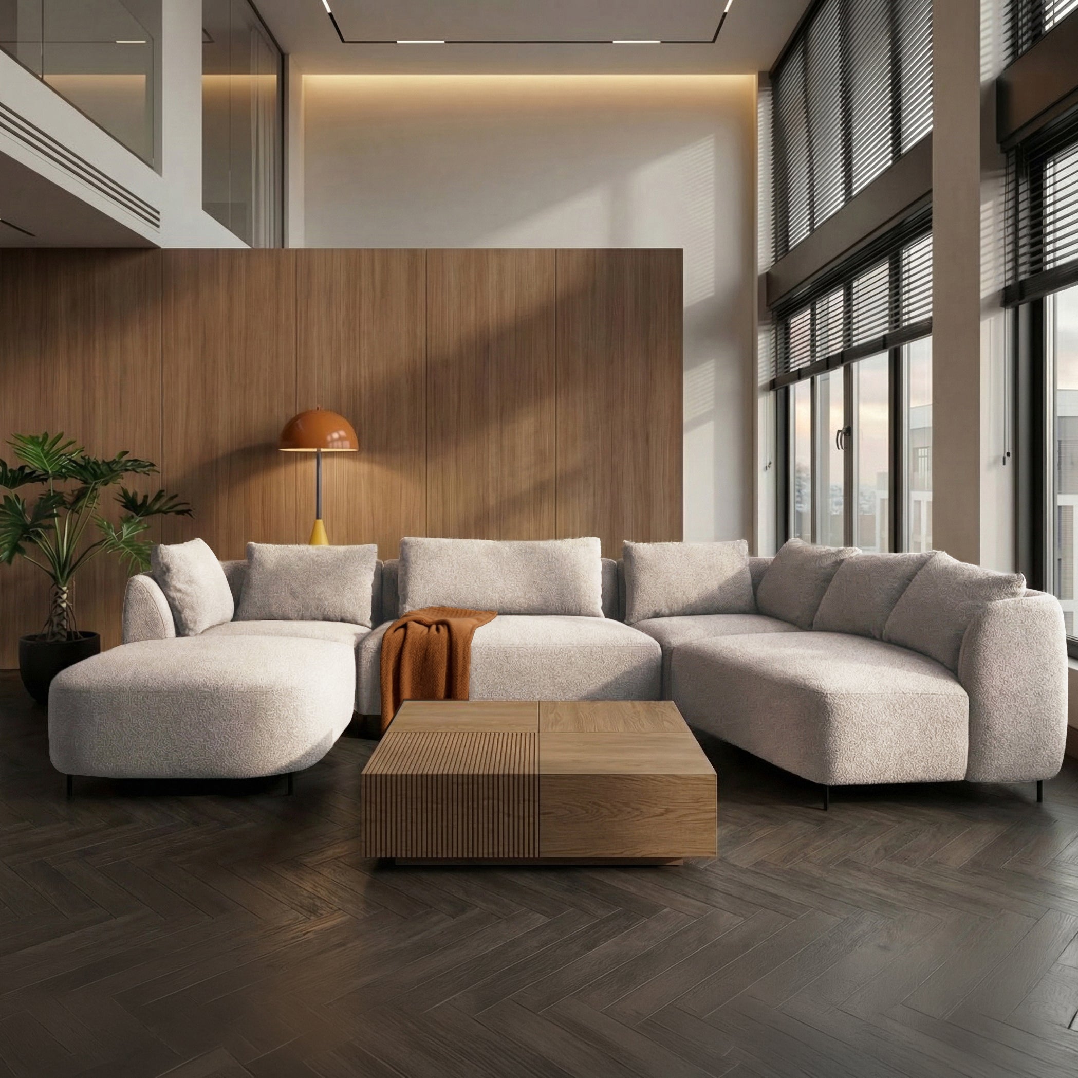 Modulares Ecksofa Lanomi U-förmig, rechtsseitig, grau-beige Bouclé