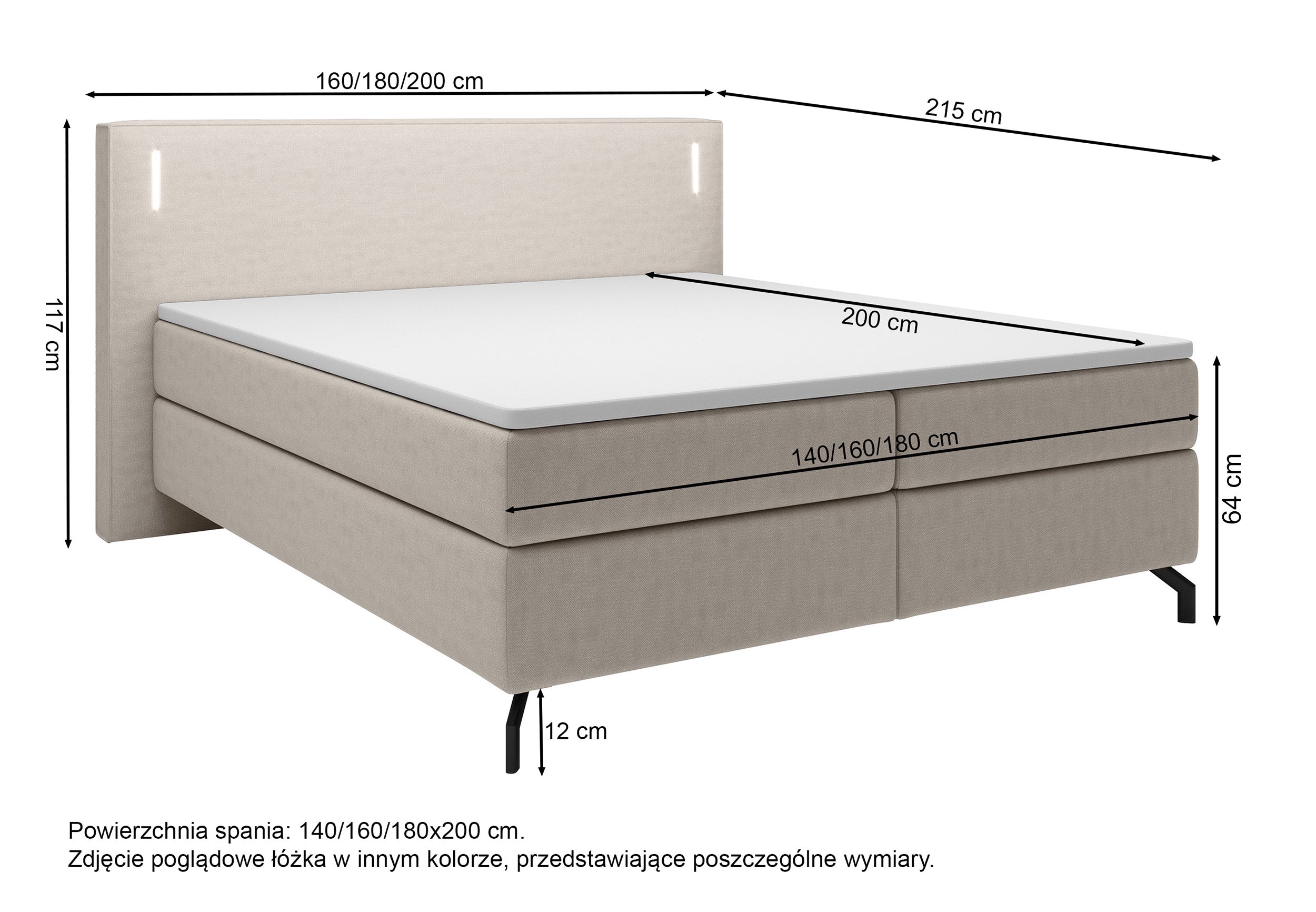 Kontinentalbett Lanko 180x200 cm mit Topper und Beleuchtung, grauer Samt