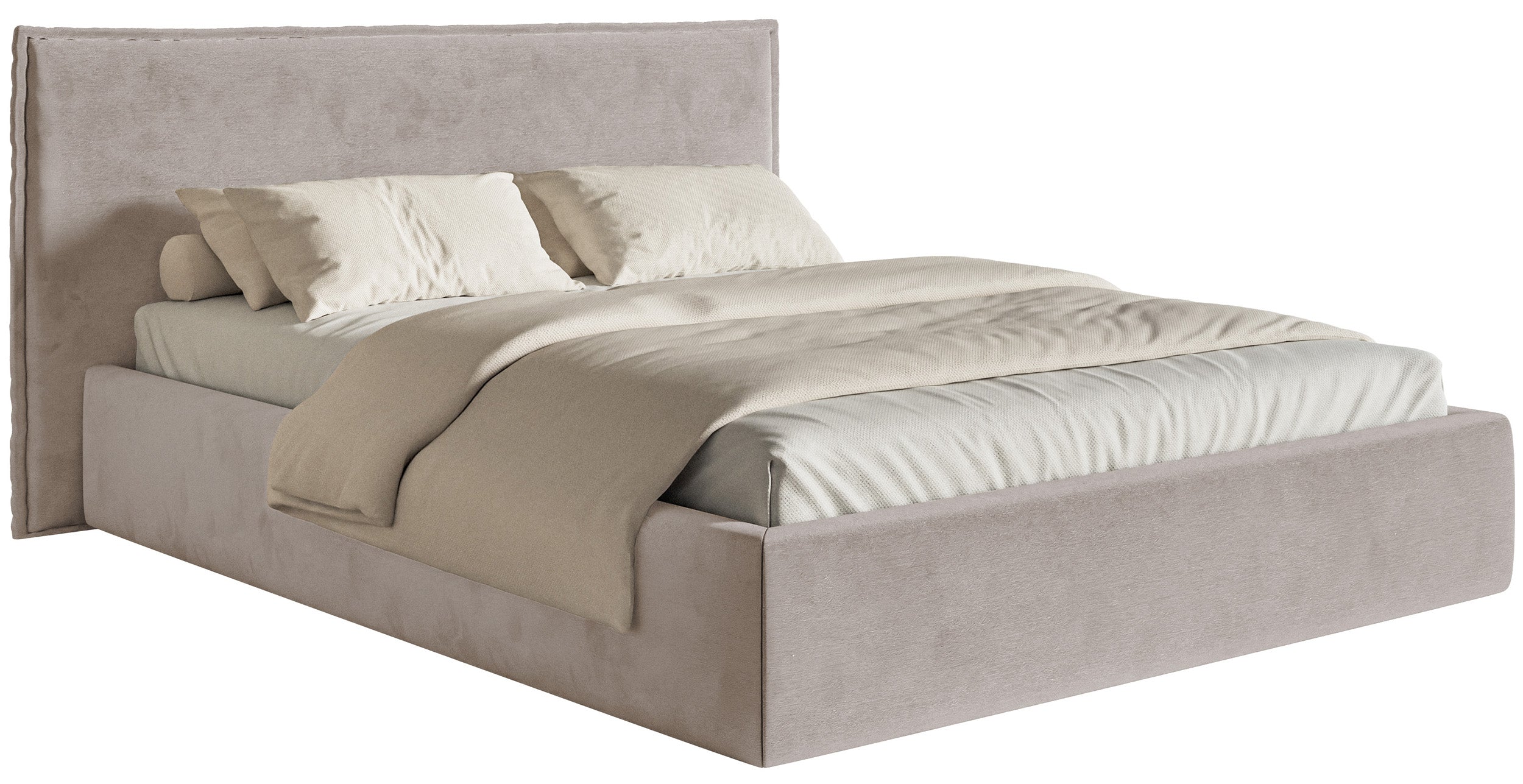 Gepolstertes Bett 140x200 cm Softie mit Stauraum, grau-brauner Velours, wasserabweisend, Metallrahmen