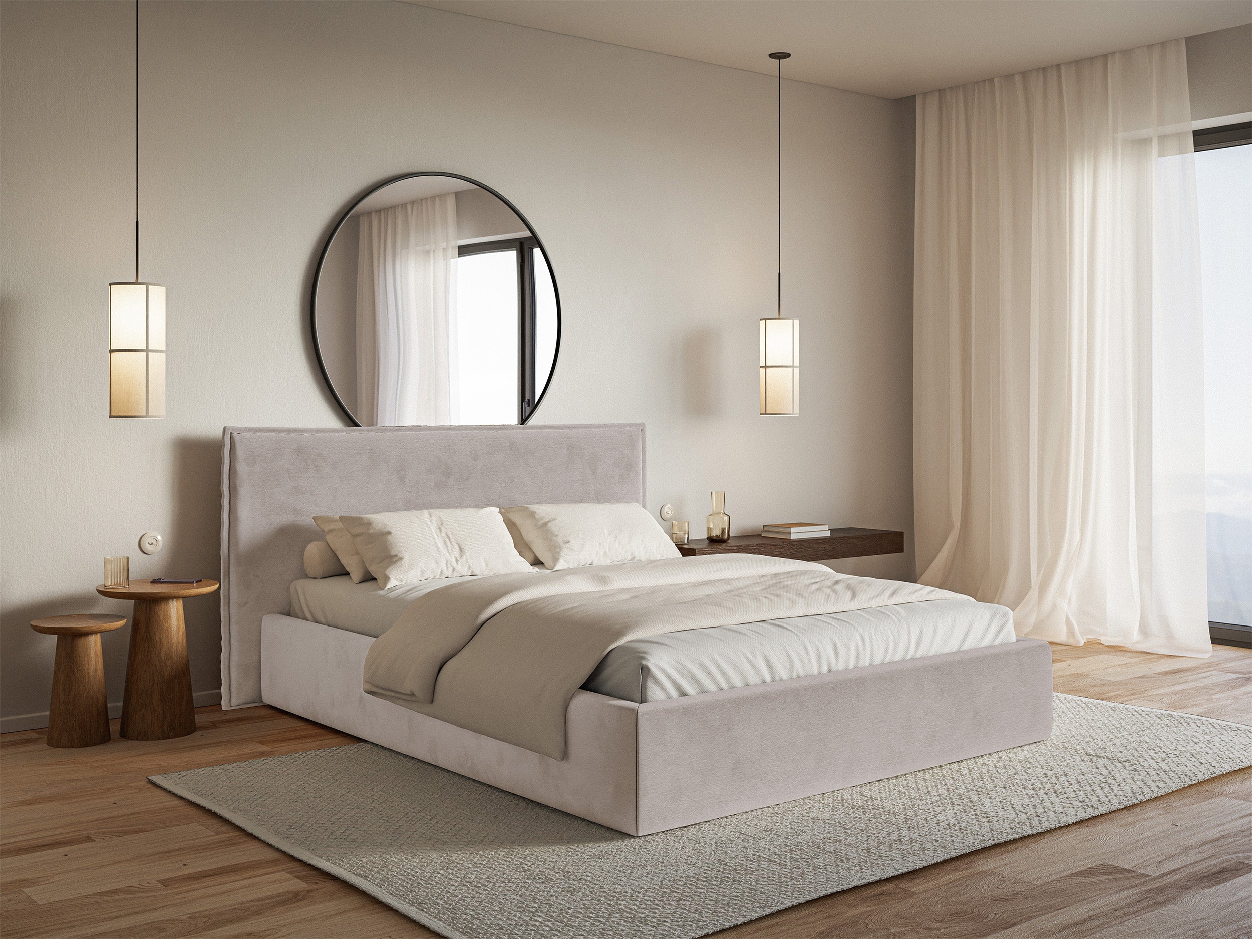 Gepolstertes Bett 140x200 cm Softie mit Stauraum, grau-brauner Velours, wasserabweisend, Metallrahmen