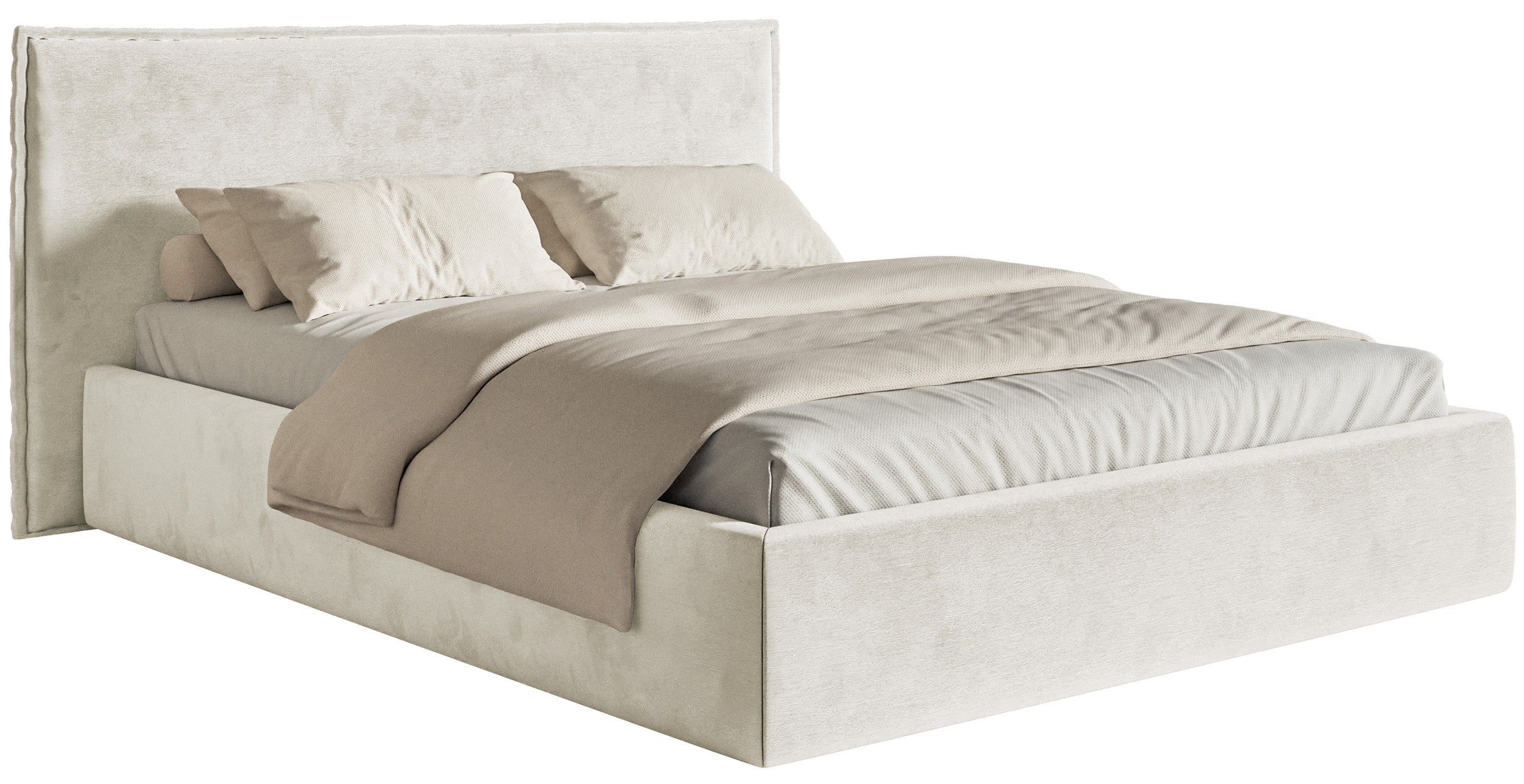Gepolstertes Bett 160x200 cm Softie mit Stauraum, hellgraubeiger hydrophober Samt, Metallrahmen