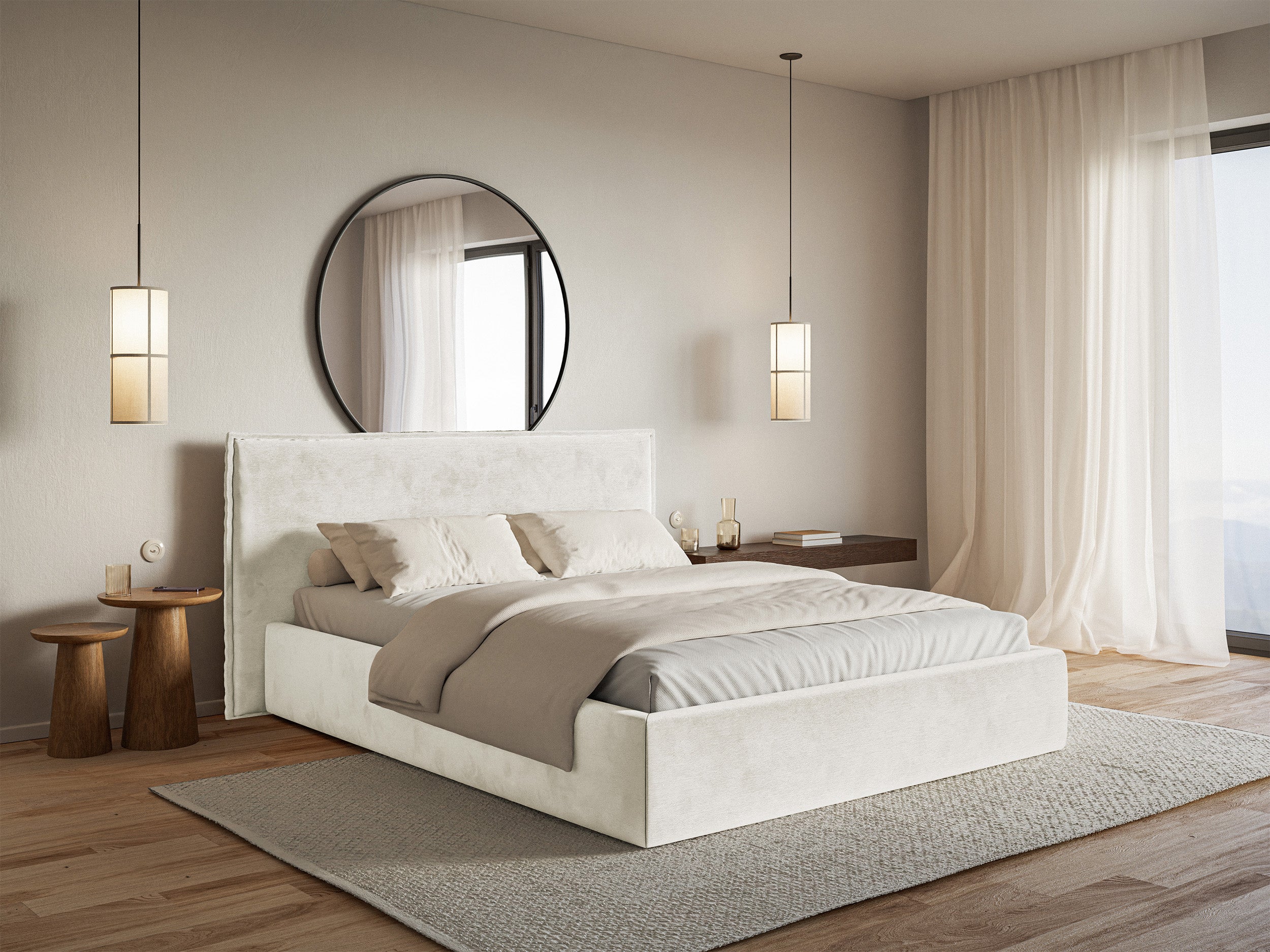 Gepolstertes Bett 160x200 cm Softie mit Stauraum, hellgraubeiger hydrophober Samt, Metallrahmen