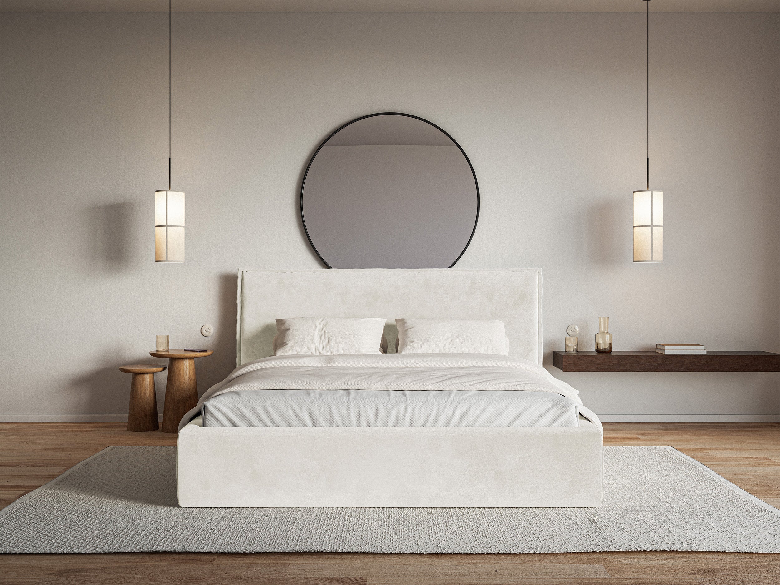 Gepolstertes Bett 160x200 cm Softie mit Stauraum, hellgraubeiger hydrophober Samt, Metallrahmen
