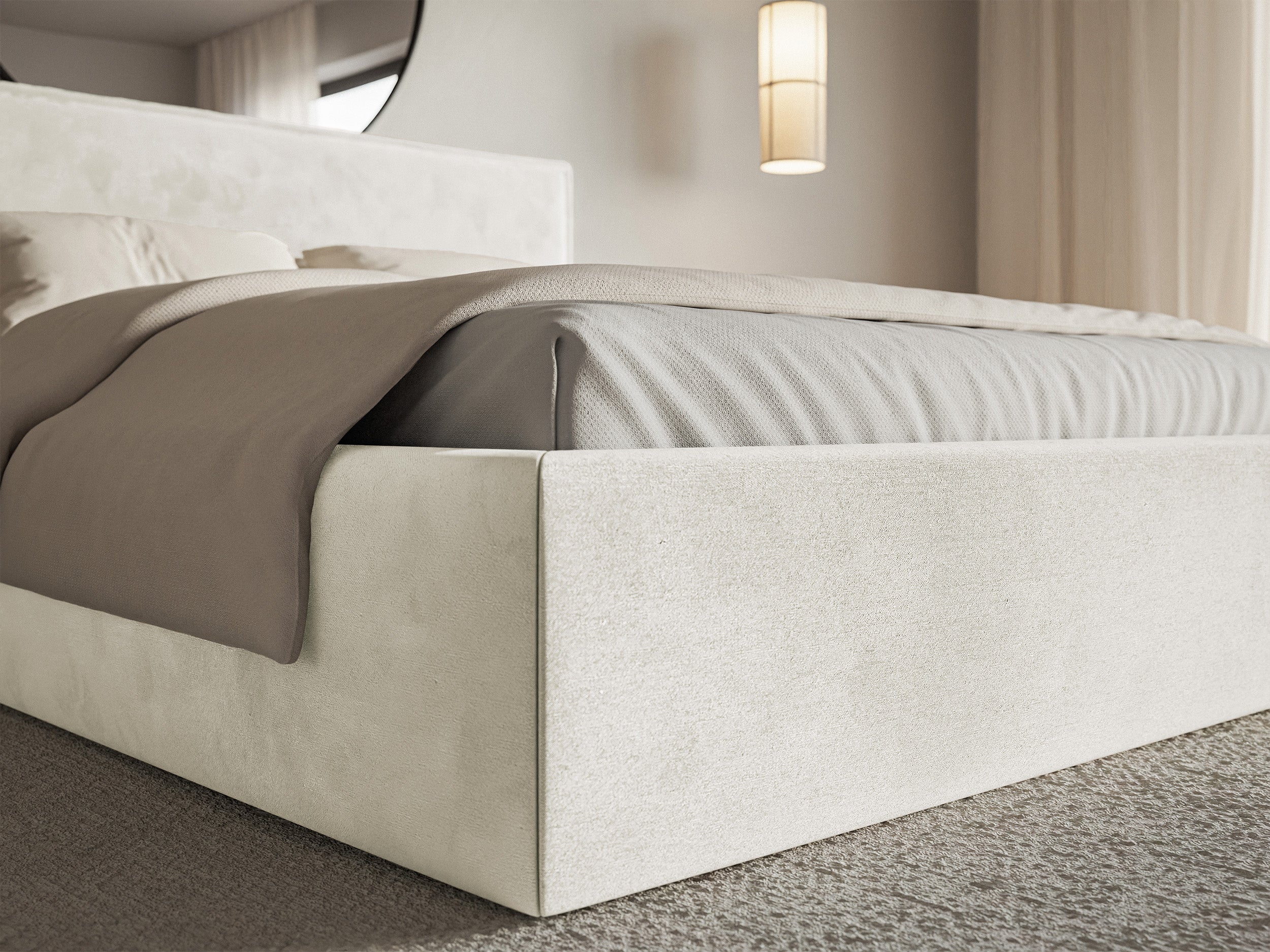 Gepolstertes Bett 160x200 cm Softie mit Stauraum, hellgraubeiger hydrophober Samt, Metallrahmen