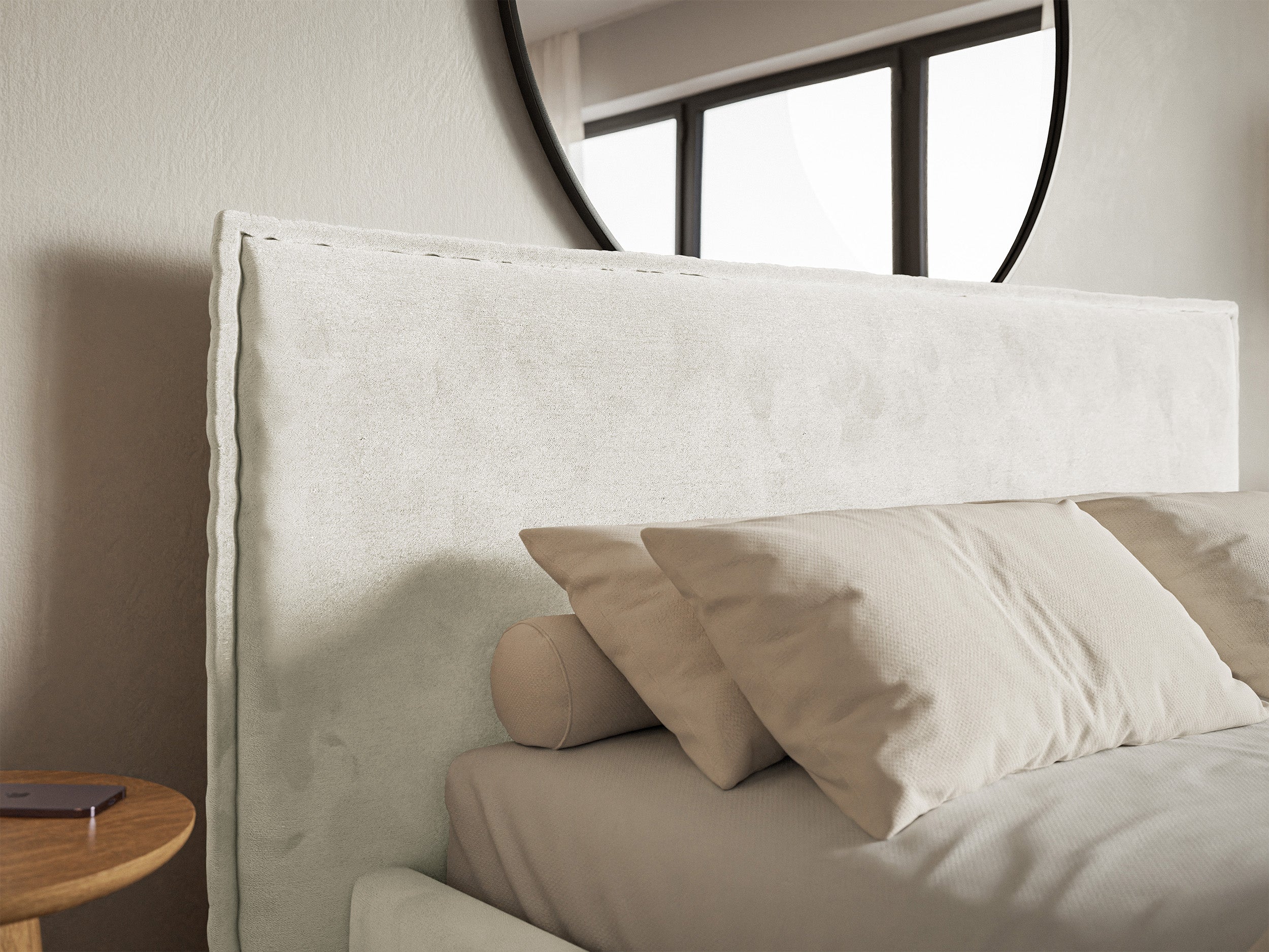 Gepolstertes Bett 160x200 cm Softie mit Stauraum, hellgraubeiger hydrophober Samt, Metallrahmen