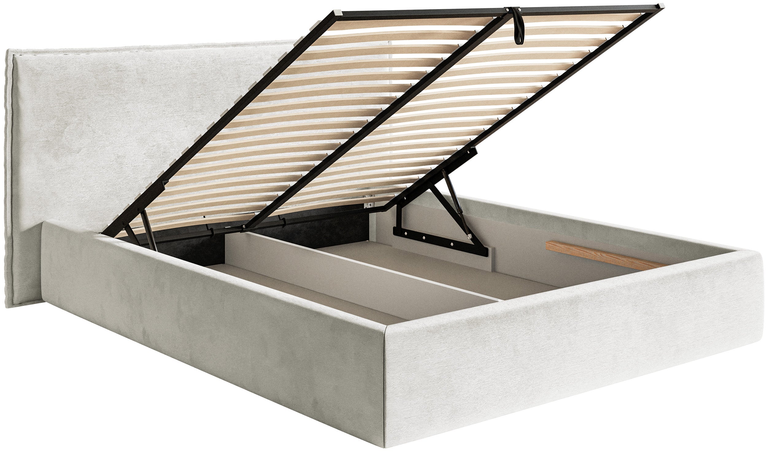 Gepolstertes Bett 160x200 cm Softie mit Stauraum, hellgraubeiger hydrophober Samt, Metallrahmen