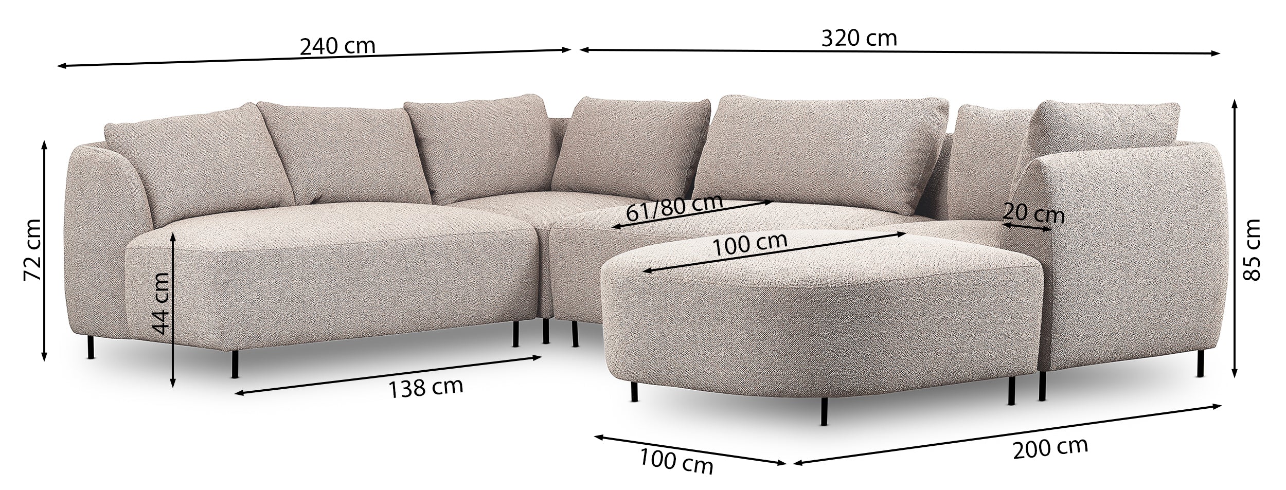 Modulares Ecksofa Lanomi U-förmig, linksseitig, hellgrauer Bouclé-Stoff
