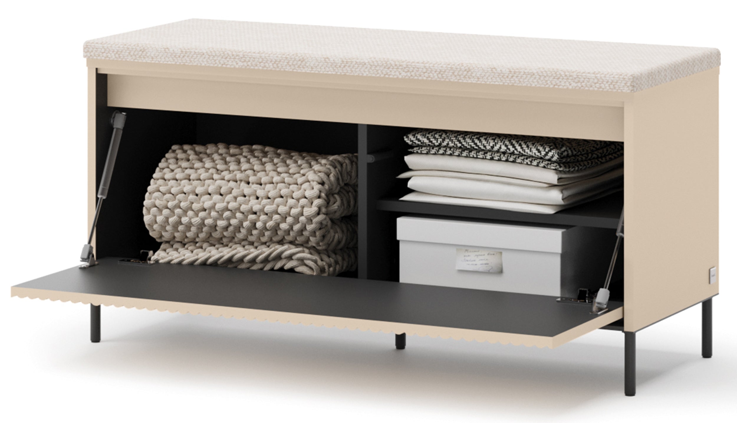 Schuhschrank Trend mit Sitzbank und Beleuchtung, 101 cm, gerillte Front, sandbeige / schwarz