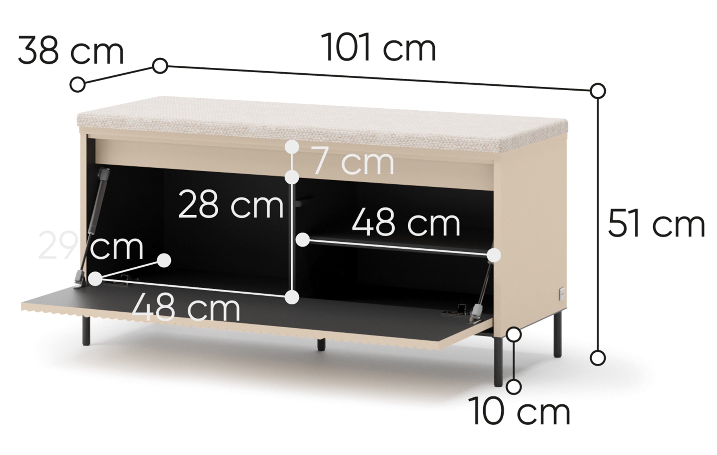 Schuhschrank Trend mit Sitzbank und Beleuchtung, 101 cm, gerillte Front, sandbeige / schwarz