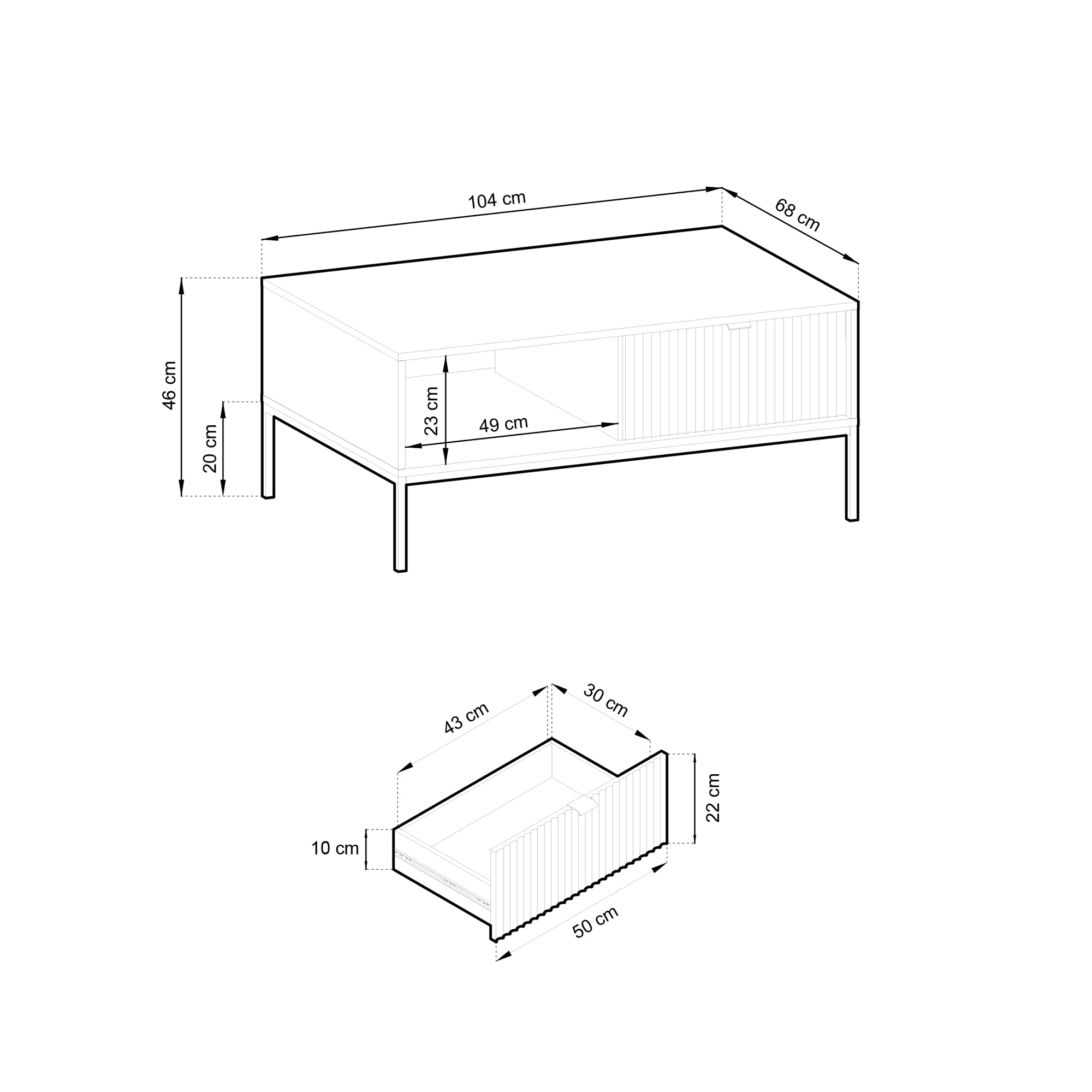 Couchtisch Vellore 104x68 cm grau mit geriffelter Front und goldenem Gestell