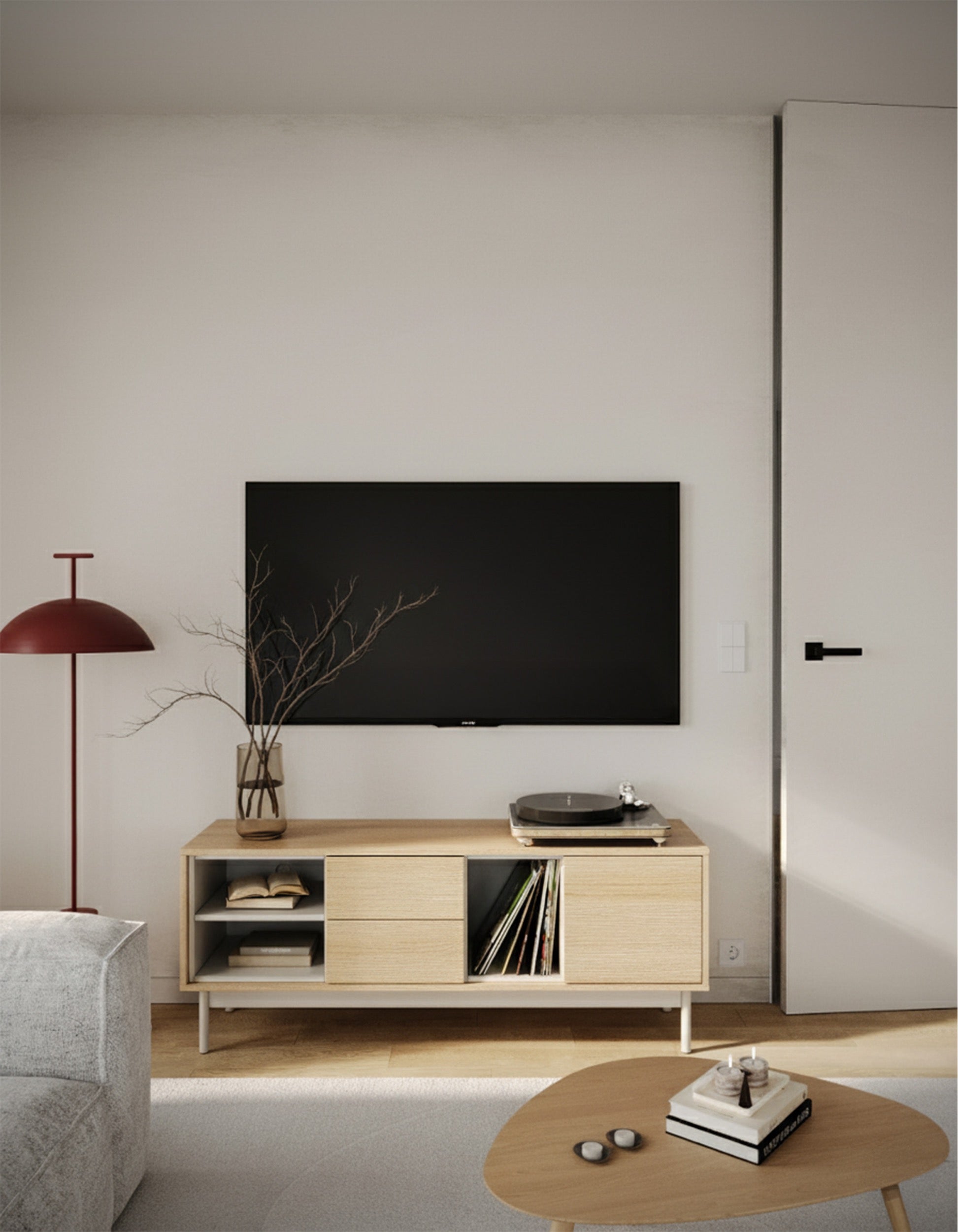 Layen TV-Schrank mit einer Tür, zwei Schubladen und drei Fächern, 138 cm, Lindberg-Eiche/Kaschmir